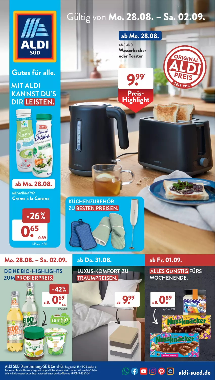 Aktueller Prospekt AldiSud - NÄCHSTE WOCHE - von 28.08 bis 02.09.2023 - strona 1 - produkty: aldi, ambia, auto, bier, bio, eis, Kocher, küche, Küchen, reis, Ti, toast, toaster, wasser, wasserkocher