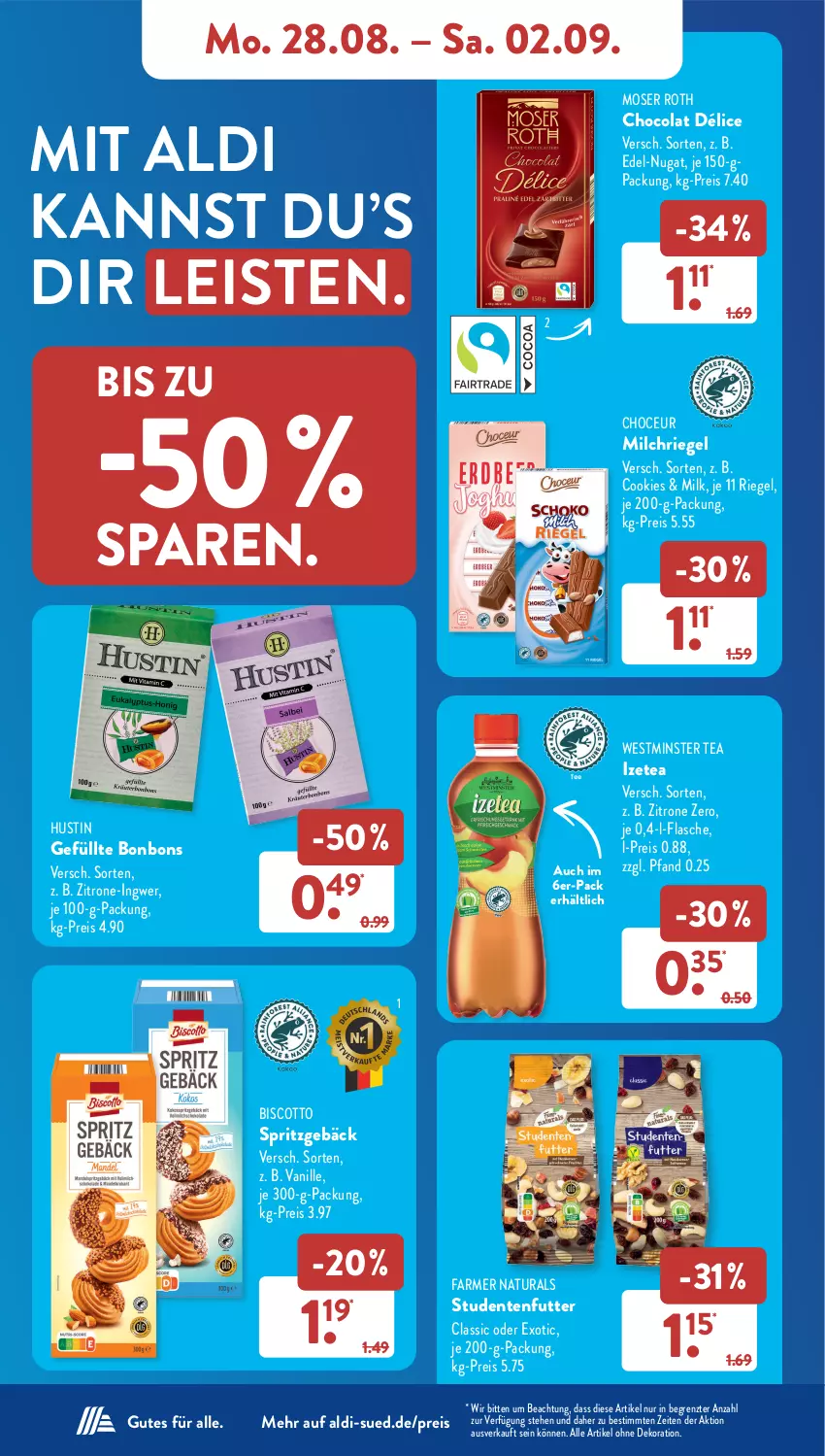 Aktueller Prospekt AldiSud - NÄCHSTE WOCHE - von 28.08 bis 02.09.2023 - strona 10 - produkty: aldi, alle artikel ohne dekoration, biscotto, bonbons, cola, cookie, cookies, dekoration, eis, ente, flasche, ingwer, milch, moser, Moser Roth, natur, natura, reis, riegel, Spritzgebäck, studentenfutter, Ti, vanille, zitrone, ZTE