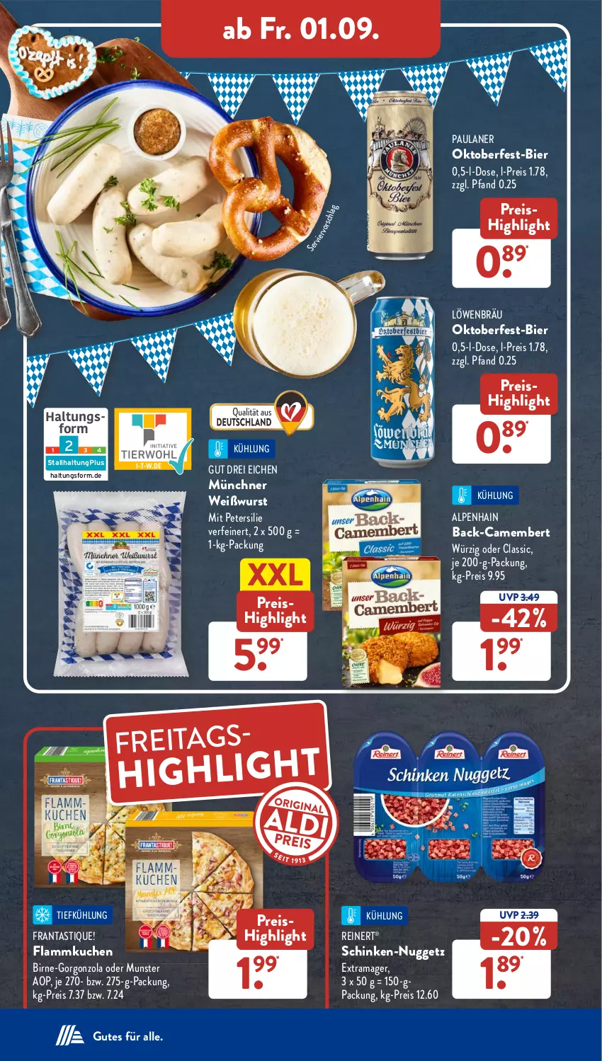 Aktueller Prospekt AldiSud - NÄCHSTE WOCHE - von 28.08 bis 02.09.2023 - strona 29 - produkty: Alpenhain, asti, bier, camembert, eis, flammkuchen, gorgonzola, kuchen, lamm, Paula, paulaner, petersilie, rama, reinert, reis, schinken, Ti, Weißwurst, wurst