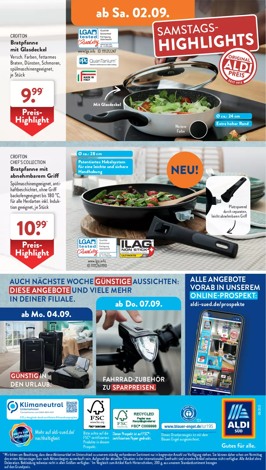 Aktueller Prospekt AldiSud - NÄCHSTE WOCHE - von 28.08 bis 02.09.2023 - strona 33 - produkty: aldi, alle artikel ohne dekoration, angebot, angebote, backofen, braten, bratpfanne, Crofton, decke, Deckel, dekoration, drucker, eis, elle, Engel, Fahrrad, gin, Glasdeckel, herdarten, hinterschinken, kerze, kleid, Kleidung, LG, Ofen, papier, pfanne, reis, schinken, spülmaschinen, Ti, ZTE