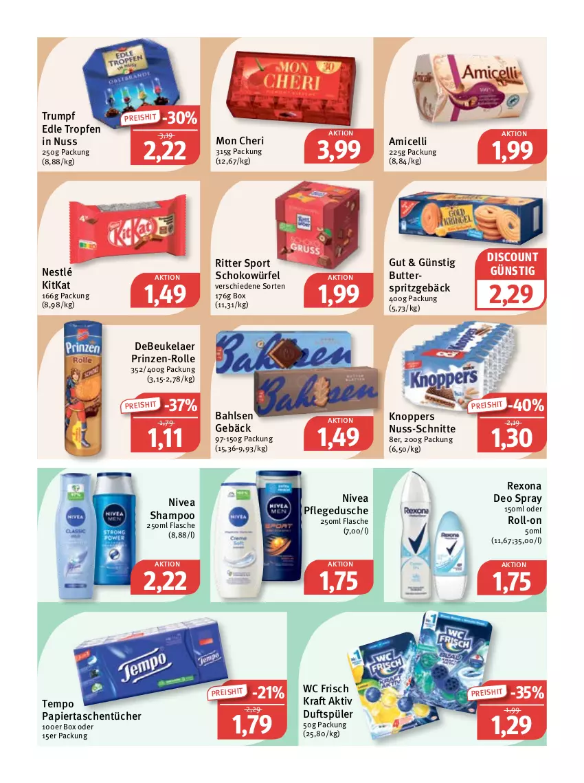 Aktueller Prospekt Feneberg - Prospekte - von 08.12 bis 10.12.2022 - strona 9 - produkty: amicelli, bahlsen, butter, debeukelaer, deo, deo spray, discount, dusche, eis, flasche, kitkat, knoppers, kraft, nestlé, nivea, nuss, papier, pflegedusche, reis, rexona, ritter, ritter sport, roll-on, rum, schoko, schokowürfel, shampoo, Sport, Spritzgebäck, Tasche, taschen, taschentücher, Tempo, Ti, tücher, wc frisch, WC Frisch Kraft Aktiv, würfel