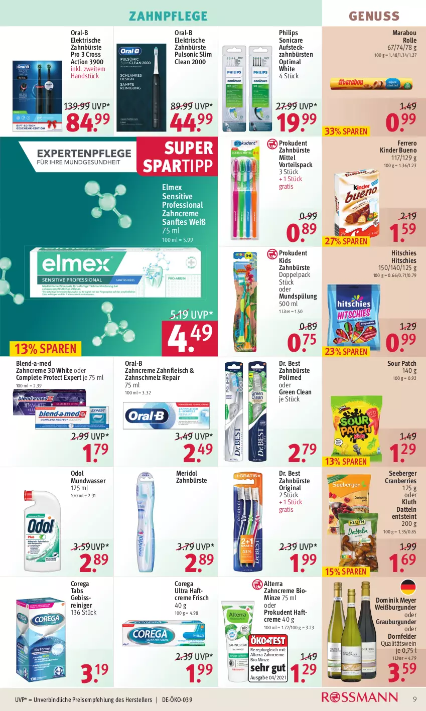 Aktueller Prospekt Rossmann - Prospekte - von 31.01 bis 04.02.2022 - strona 13 - produkty: alterra, Berger, bio, blend-a-med, burgunder, bürste, bürsten, cranberries, creme, cross action, Datteln, dornfelder, Dr. Best, eis, elektrische zahnbürste, elle, elmex, ferrero, fleisch, gin, grauburgunder, Haftcreme, Kinder, kinder bueno, Marabou, meridol, minze, mundspülung, mundwasser, nuss, Odol, oral-b, Philips, Prokudent, qualitätswein, reiniger, reis, rezept, seeberger, sonicare, spartipp, spülung, teller, Ti, wasser, wein, Weißburgunder, zahnbürste, zahnbürsten, zahncreme