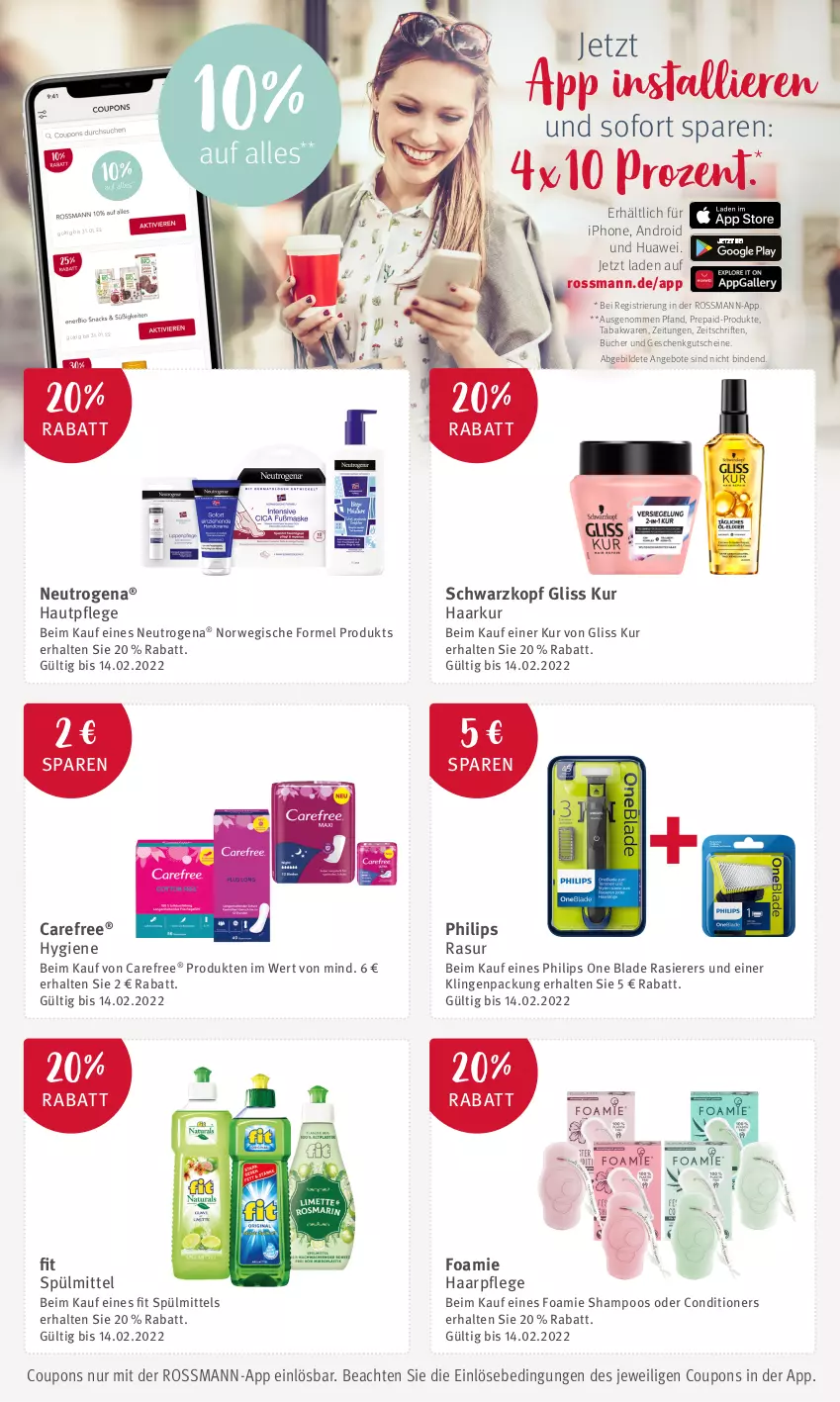 Aktueller Prospekt Rossmann - Prospekte - von 31.01 bis 04.02.2022 - strona 18 - produkty: angebot, angebote, binden, carefree, coupon, coupons, gliss, gliss kur, gutschein, gutscheine, haarpflege, Hautpflege, huawei, iphone, neutrogena, Philips, rasierer, rwe, schwarzkop, schwarzkopf, shampoo, spülmittel, Ti