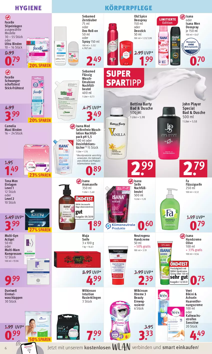 Aktueller Prospekt Rossmann - Prospekte - von 31.01 bis 04.02.2022 - strona 6 - produkty: Alwa, Bad, bett, beutel, bikini, binden, bio, biozidprodukte, camelia, creme, dell, deo, deo roll-on, deospray, deospray 150 ml, Deostick, Desinfektion, duni, Duniwell, dusche, Einmalwaschlappen, einwegrasierer, elle, Facelle, flüssigseife, Haarentfernung, handcreme, Holz, isana, kaltwachsstreifen, körperpflege, Lotion, mam, Mode, neutrogena, oder deo roll-on, Old Spice, olive, rasierer, Rasierklinge, rasierklingen, Rauch, reifen, roll-on, rwe, sana, Schwangerschaftstest, sebamed, Seife, slip, slipeinlagen, spartipp, Tena Men, Ti, tücher, veet, waschlappen, Waschlotion, wilkinson