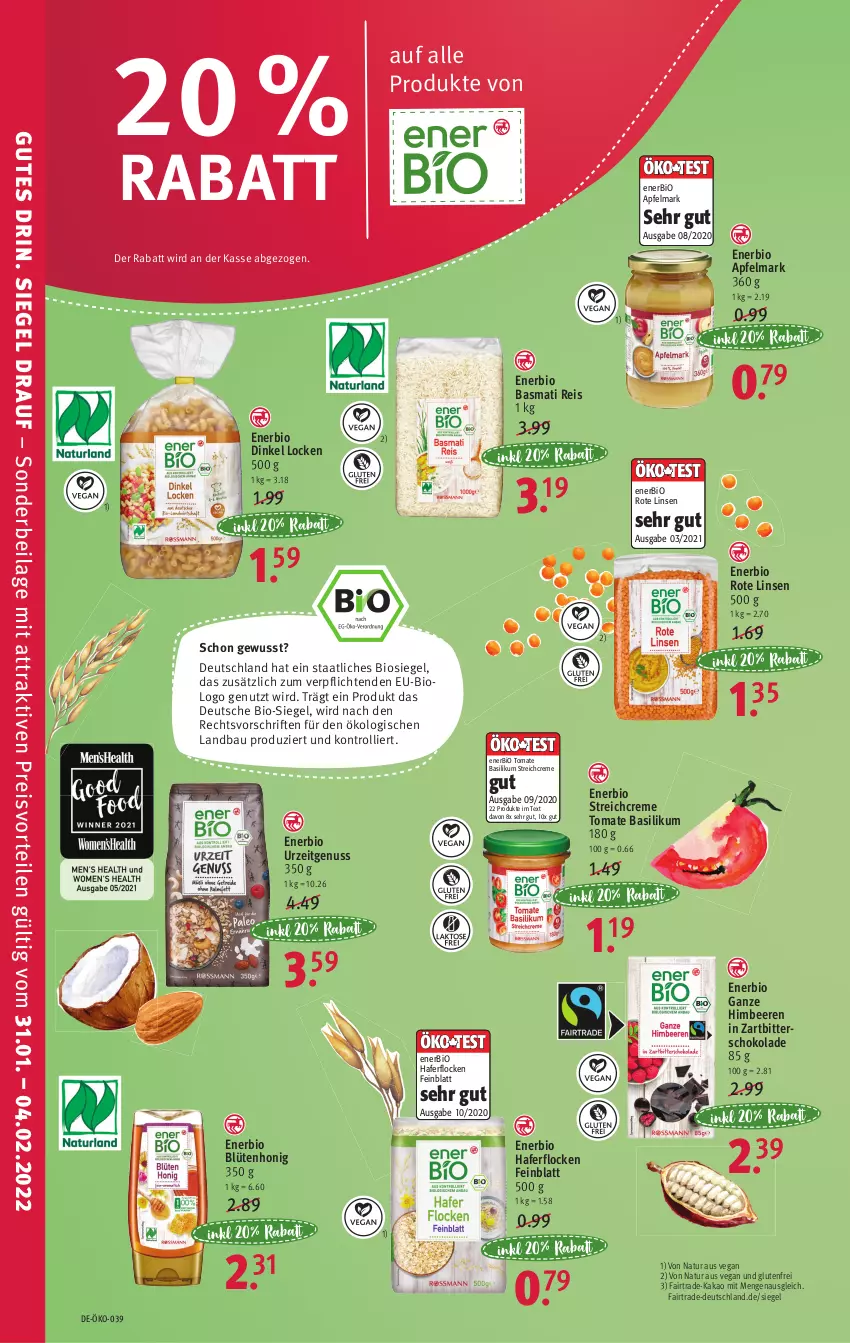 Aktueller Prospekt Rossmann - Prospekte - von 31.01 bis 04.02.2022 - strona 8 - produkty: apfel, basilikum, basmati, Basmati Reis, Bau, beere, beeren, bio, Blüte, blütenhonig, creme, eis, hafer, haferflocken, himbeer, himbeere, himbeeren, honig, ilag, kakao, linsen, natur, nuss, preisvorteil, reis, Rote Linsen, schoko, schokolade, Ti, tomate, trolli, Zartbitterschokolade