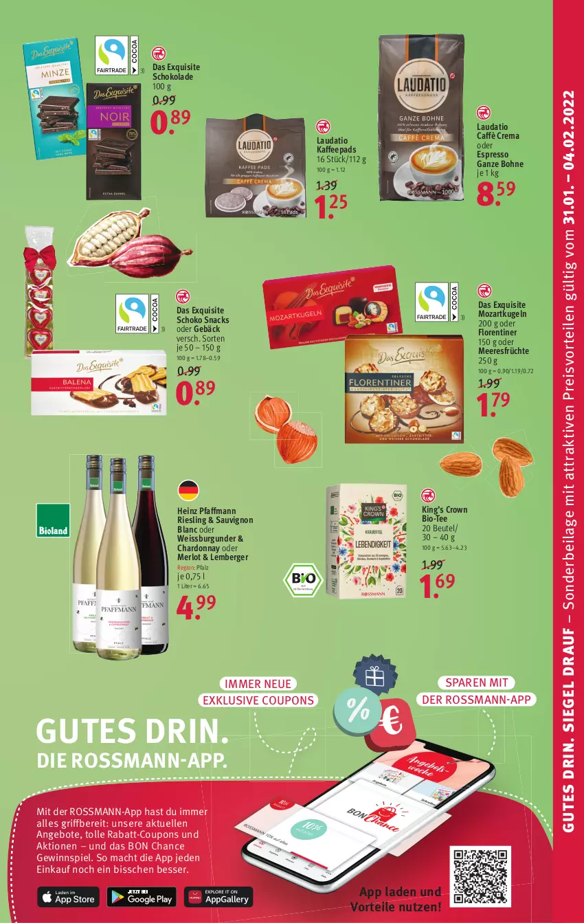 Aktueller Prospekt Rossmann - Prospekte - von 31.01 bis 04.02.2022 - strona 9 - produkty: angebot, angebote, Berger, beutel, bio, bohne, burgunder, caffè crema, chardonnay, coupon, coupons, eis, elle, espresso, Florentiner, früchte, gewinnspiel, heinz, ilag, kaffee, kaffeepads, Kugel, mac, meeresfrüchte, merl, merlot, oder espresso, preisvorteil, rabatt-coupon, reis, riesling, sauvignon, sauvignon blanc, schoko, schokolade, snack, snacks, tee, Ti