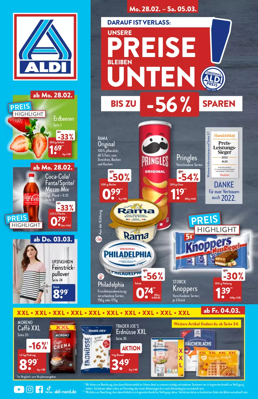 Aktueller Prospekt Aldi Nord - Aldi-Aktuell - von 28.02 bis 05.03.2022 - strona 1 - produkty: aldi, angebot, Becher, beere, beeren, beutel, coca-cola, cola, eis, erdbeere, erdbeeren, erdnüsse, fanta, flasche, frischkäse, frischkäsezubereitung, gin, Käse, knoppers, Mezzo Mix, Moreno, philadelphia, pringles, Pullover, rama, reis, resa, ring, Schal, Schale, sprite, storck, Strickpullover, Ti, up2fashion, ZTE