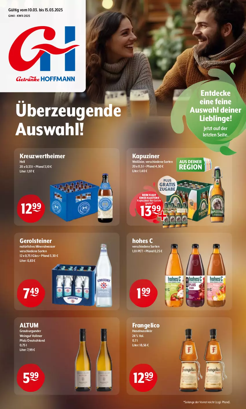 Aktueller Prospekt Getraenke Hoffmann - Prospekte - von 10.03 bis 15.03.2025 - strona 1 - produkty: Alwa, bier, burgunder, decke, eimer, eis, frangelico, gerolsteine, gerolsteiner, grauburgunder, haselnuss, Hohes C, likör, mineralwasser, natürliches mineralwasser, nuss, steiner, Ti, wasser, wein, ZTE