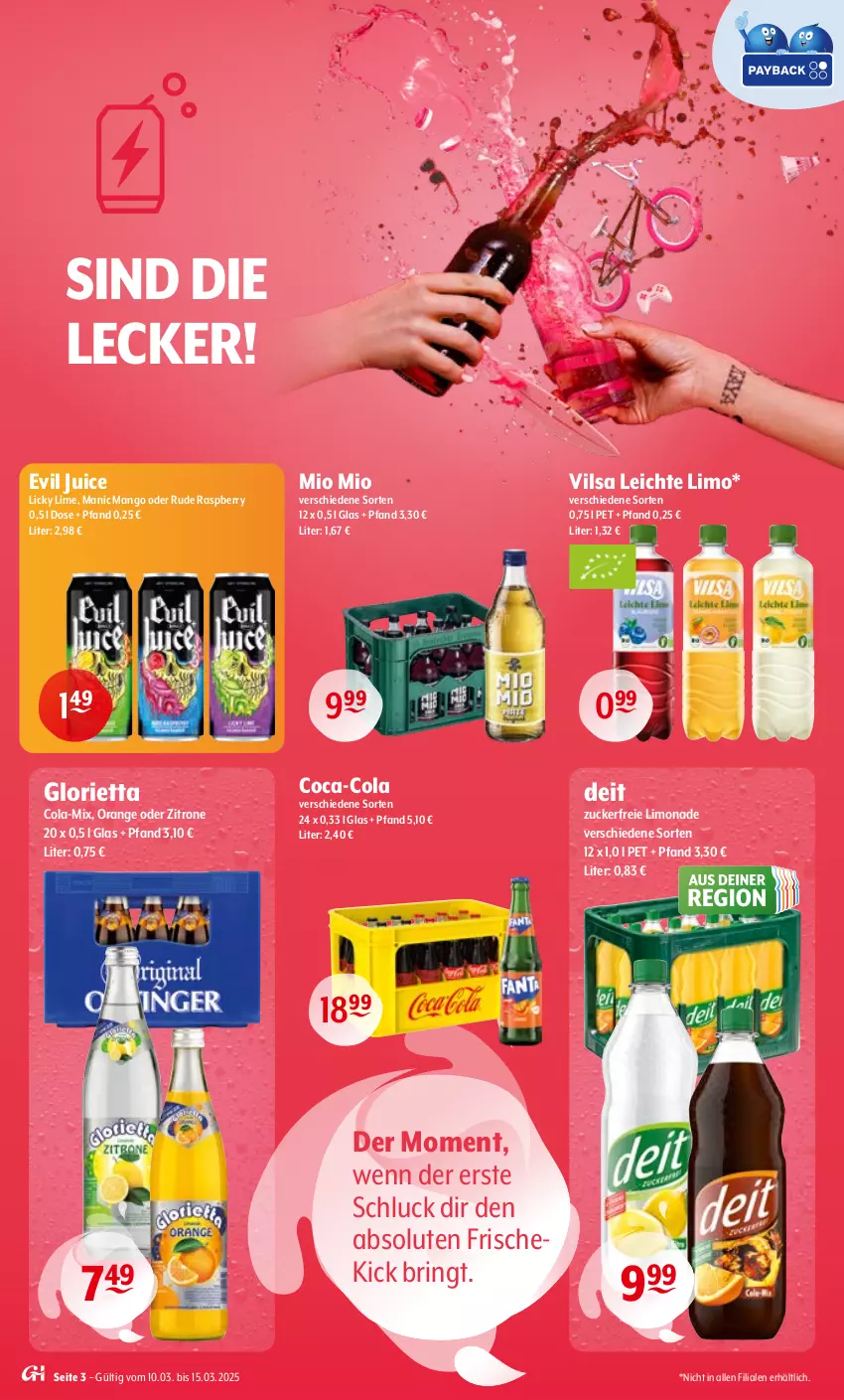 Aktueller Prospekt Getraenke Hoffmann - Prospekte - von 10.03 bis 15.03.2025 - strona 3 - produkty: coca-cola, cola, deit, limo, limonade, mango, Mio Mio, orange, raspberry, ring, Ti, vilsa, zitrone, zucker