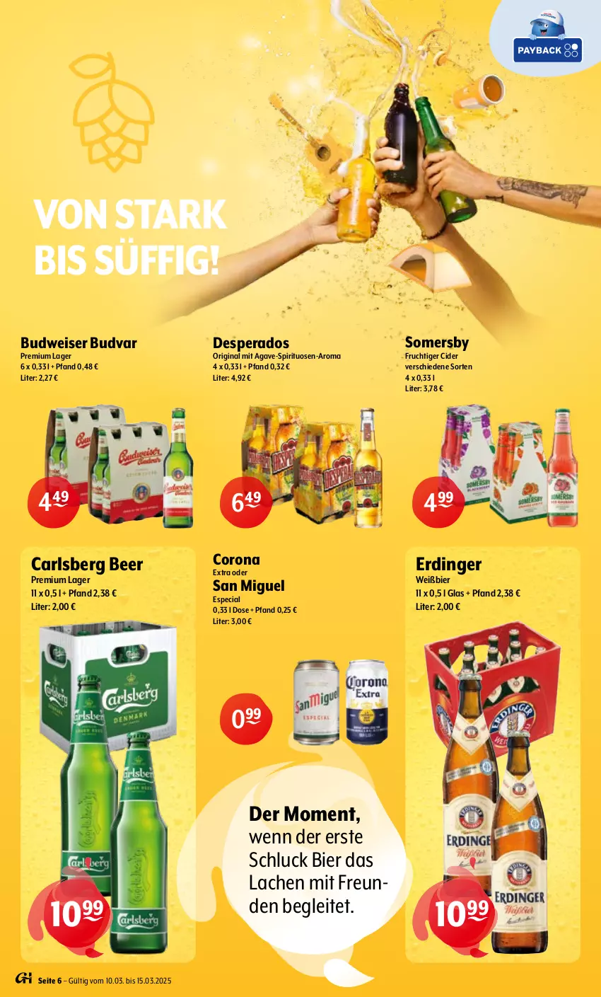 Aktueller Prospekt Getraenke Hoffmann - Prospekte - von 10.03 bis 15.03.2025 - strona 6 - produkty: bier, budweiser, carlsberg, carlsberg beer, cider, corona, corona extra, desperados, eis, erdinger, frucht, gin, somersby, spirituosen, Ti