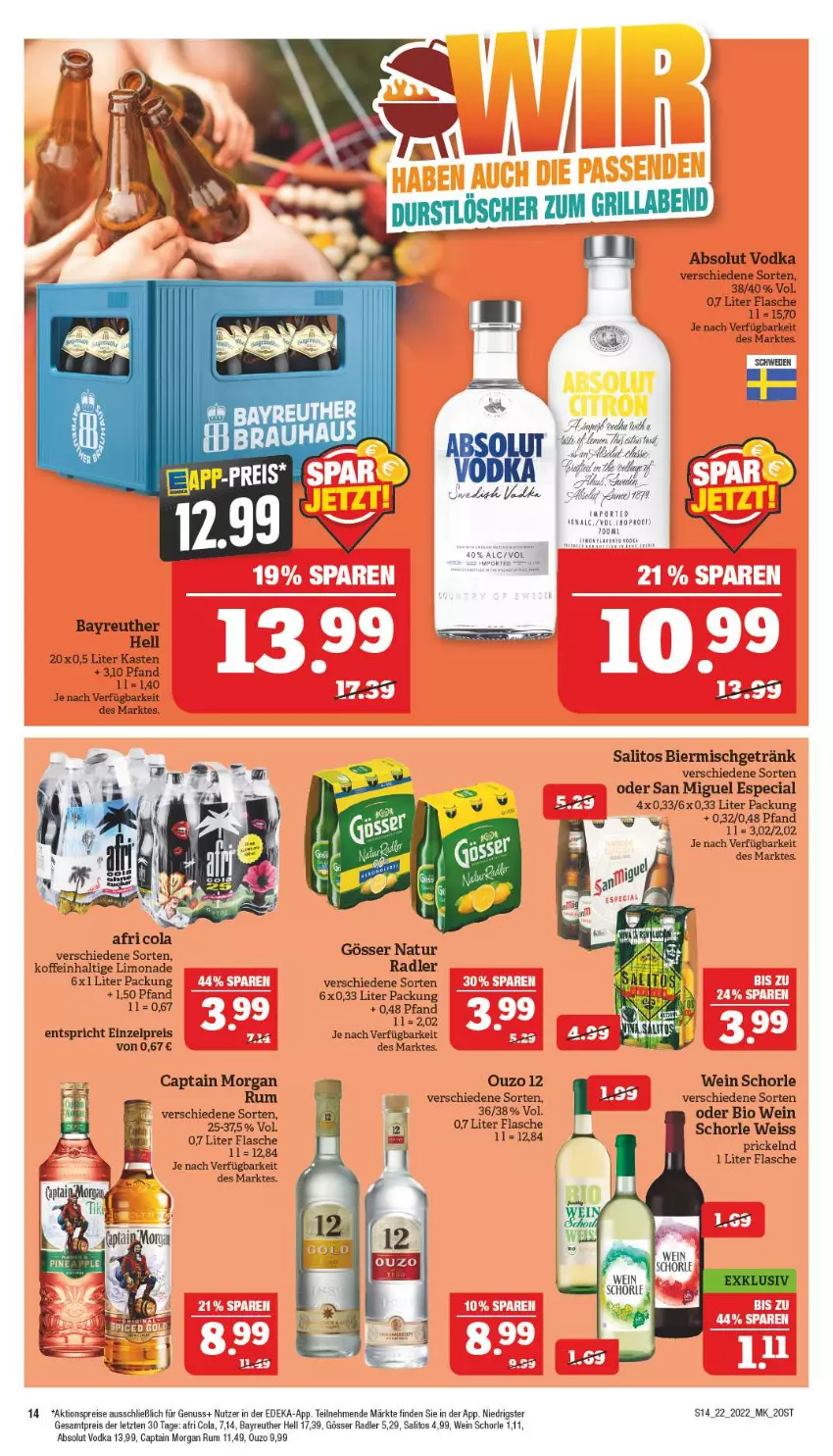 Aktueller Prospekt Marktkauf - Prospekt - von 29.05 bis 04.06.2022 - strona 14 - produkty: Absolut Vodka, abus, Afri Cola, aktionspreis, bier, bio, Cap, captain morgan, cola, deka, eis, flasche, frico, getränk, gösser, limo, limonade, natur, nuss, ouzo, radler, reis, Ricola, rum, schorle, Ti, vodka, wein, ZTE