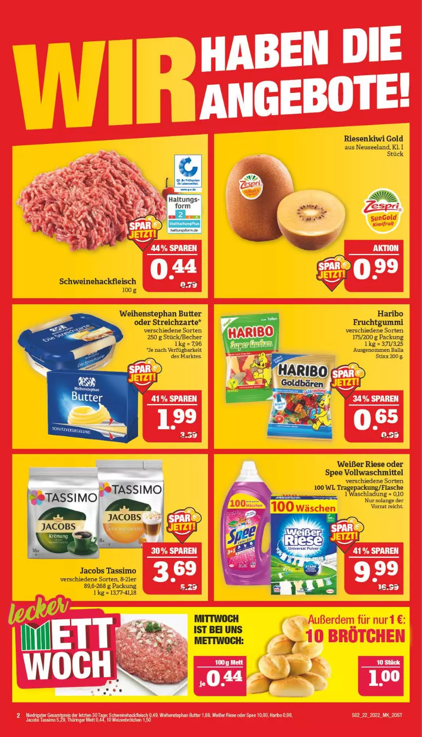 Aktueller Prospekt Marktkauf - Prospekt - von 29.05 bis 04.06.2022 - strona 2 - produkty: angebot, angebote, ball, Becher, brötchen, butter, chia, eis, Elan, flasche, fleisch, frucht, fruchtgummi, hackfleisch, haribo, jacobs, jacobs tassimo, kiwi, Kiwi Gold, Mett, ring, schwein, schweine, Schweinehackfleisch, sim, spee, Streichzart, tassimo, Ti, vollwaschmittel, waschmittel, weihenstephan, wein, weine, weizenbrötchen, ZTE