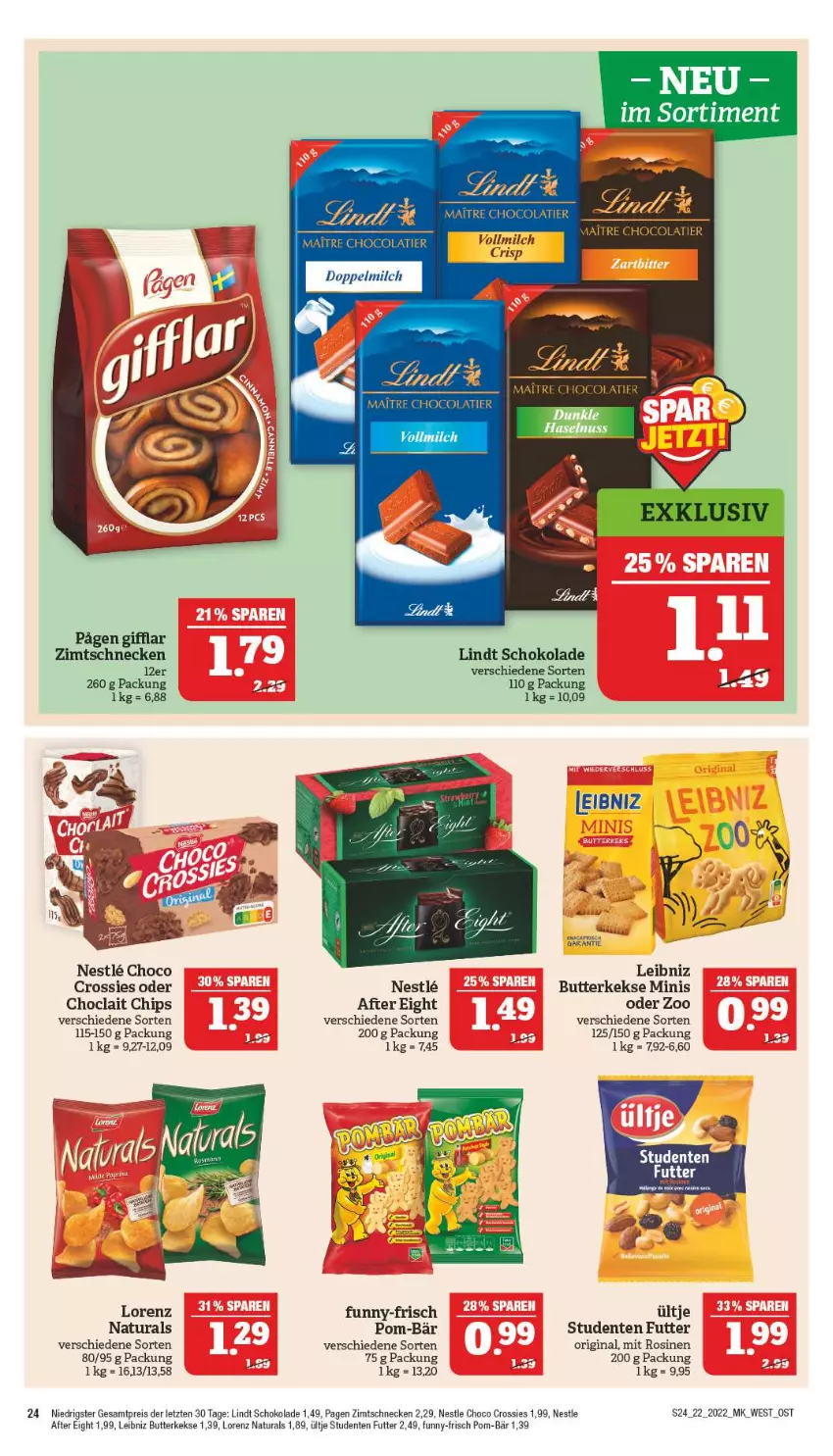 Aktueller Prospekt Marktkauf - Prospekt - von 29.05 bis 04.06.2022 - strona 24 - produkty: after eight, butter, butterkeks, chips, choclait chips, choco crossies, cola, crossies, eis, ente, funny-frisch, gin, keks, kekse, leibniz, lindt, lorenz, milch, natur, natura, Nike, pom-bär, reis, schoko, schokolade, Ti, ültje, vollmilch, ZTE