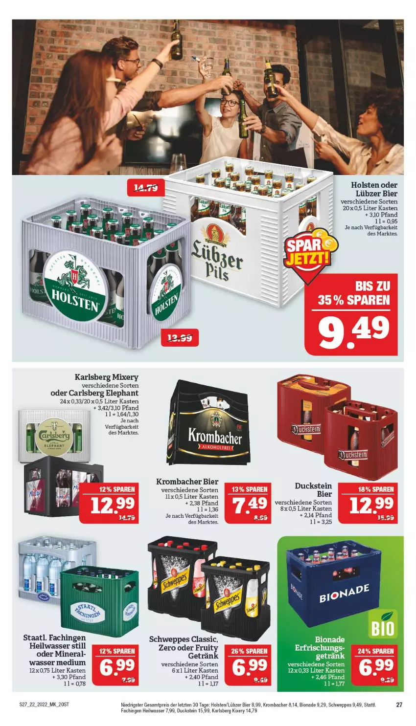 Aktueller Prospekt Marktkauf - Prospekt - von 29.05 bis 04.06.2022 - strona 27 - produkty: bier, bio, bionade, carlsberg, Duck, eis, getränk, holsten, karlsberg, karlsberg mixery, krombache, krombacher, Lübzer, Mixer, mixery, reis, schweppes, Staatl. Fachingen, Ti, wasser, ZTE