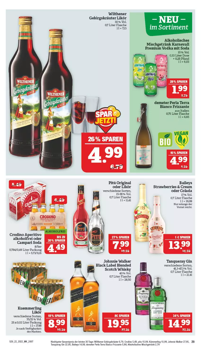 Aktueller Prospekt Marktkauf - Prospekt - von 29.05 bis 04.06.2022 - strona 29 - produkty: alkohol, baileys, black label, campari, cola, eier, eis, flasche, frizzante, getränk, gin, johnnie walker, kräuter, kuemmerling, lack, likör, merl, perla, premium vodka, reis, scotch, scotch whisky, Soda, Tanqueray, Ti, vodka, whisky, wilthener, ZTE