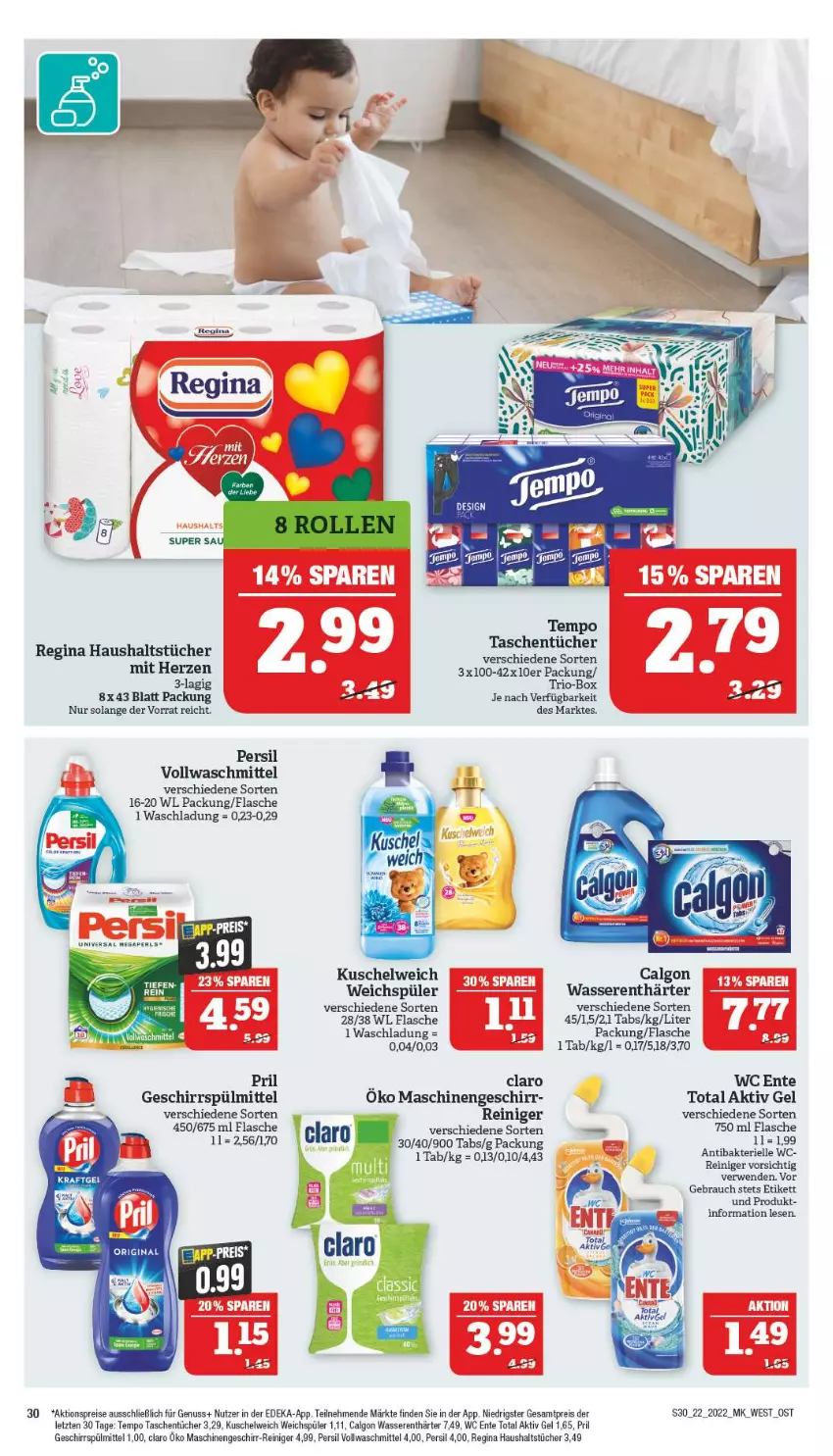 Aktueller Prospekt Marktkauf - Prospekt - von 29.05 bis 04.06.2022 - strona 30 - produkty: aktionspreis, aktiv gel, calgon, deka, eis, elle, ente, flasche, geschirr, geschirrspülmittel, gin, haushaltstücher, Kuschelweich, LG, nuss, persil, pril, Rauch, reiniger, reis, rum, rwe, spülmittel, Tasche, taschen, taschentücher, Tempo, Ti, tücher, vollwaschmittel, waschmittel, wasser, wasserenthärter, wc ente, weichspüler, ZTE