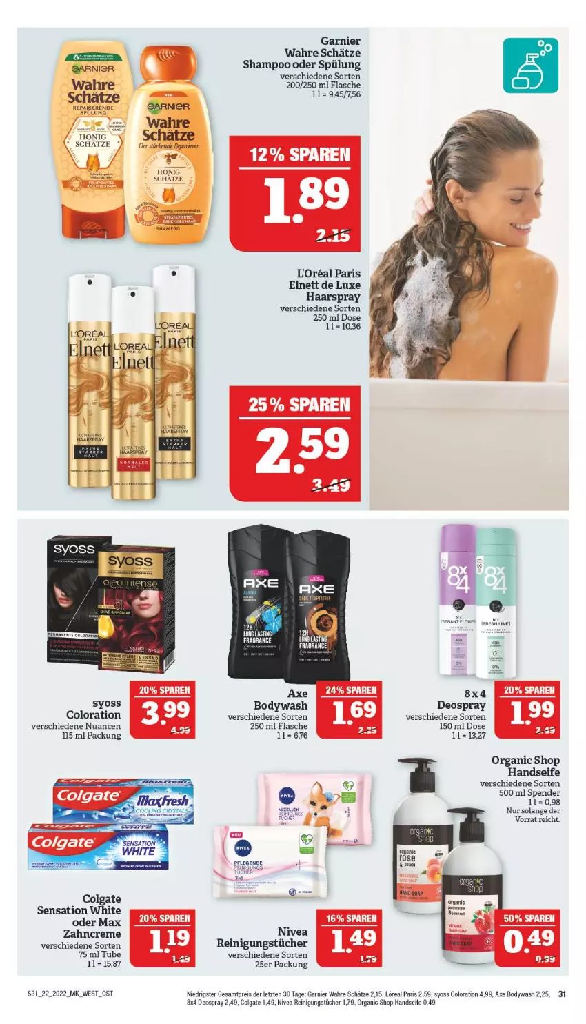 Aktueller Prospekt Marktkauf - Prospekt - von 29.05 bis 04.06.2022 - strona 31 - produkty: axe, body, colgate, creme, deo, deospray, eis, elnett, ente, flasche, garnier, haarspray, Handseife, honig, LG, loreal, nivea, Nuance, Reinigung, reinigungstücher, reis, Seife, shampoo, shampoo oder spülung, spülung, syoss, tee, Ti, tücher, Wahre Schätze, Yo, zahncreme, ZTE