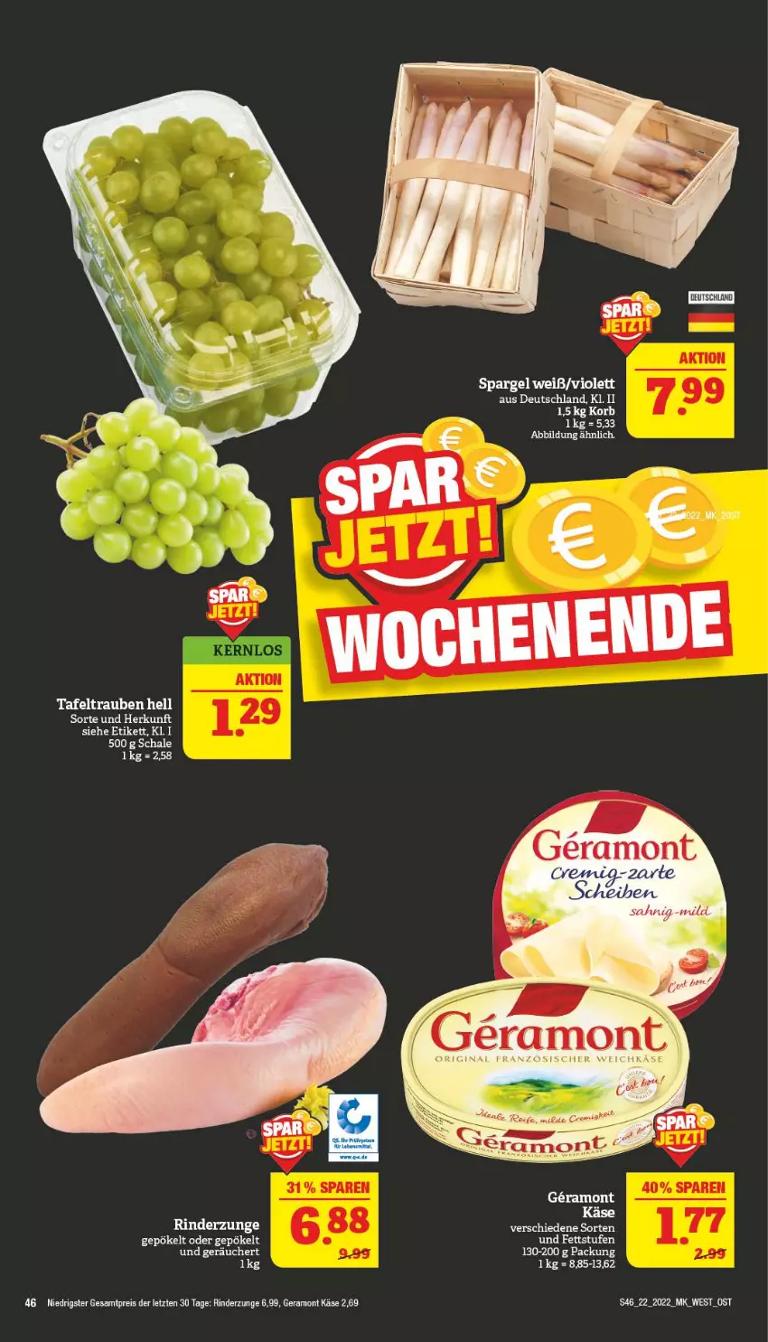 Aktueller Prospekt Marktkauf - Prospekt - von 29.05 bis 04.06.2022 - strona 46 - produkty: eis, gin, Käse, korb, reis, rind, rinder, Rinderzunge, Schal, Schale, spargel, tafeltrauben, trauben, weichkäse, ZTE