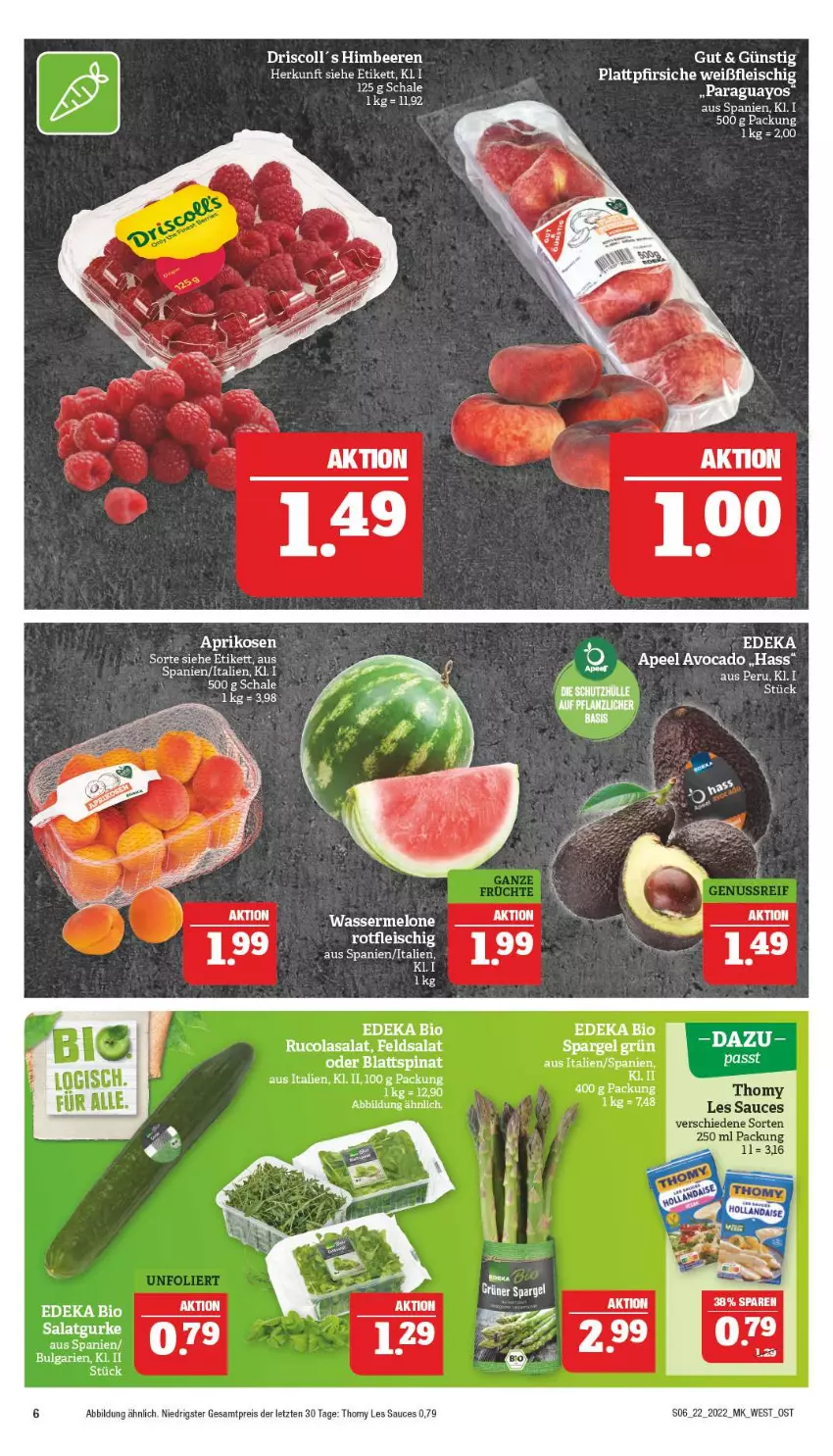 Aktueller Prospekt Marktkauf - Prospekt - von 29.05 bis 04.06.2022 - strona 6 - produkty: avocado, beere, beeren, bio, blattspinat, cola, deka, edeka bio, eier, eis, feldsalat, fleisch, gurke, himbeer, himbeere, himbeeren, melone, pfirsich, pfirsiche, plattpfirsiche, reis, rucola, salat, Salatgurke, sauce, Schal, Schale, spargel, spargel grün, spinat, thomy, thomy les sauces, Ti, wasser, wassermelone, ZTE