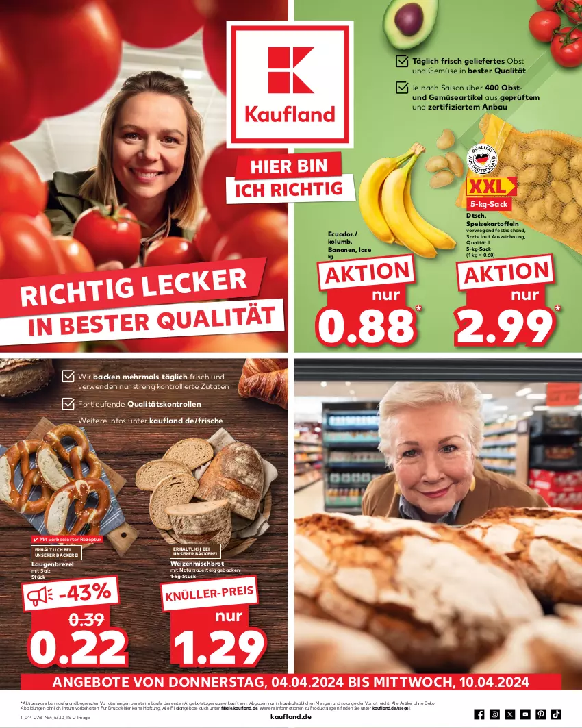 Aktueller Prospekt Kaufland - Umschlag - von 04.04 bis 10.04.2024 - strona 1 - produkty: angebot, angebote, auer, banane, bananen, Bau, brezel, brot, eis, geback, kartoffel, kartoffeln, Laufen, Laugenbrezel, natur, obst, Obst und Gemüse, rezept, rwe, sac, salz, speisekartoffeln, Ti, trolli, und gemüse, weizenmischbrot, ZTE