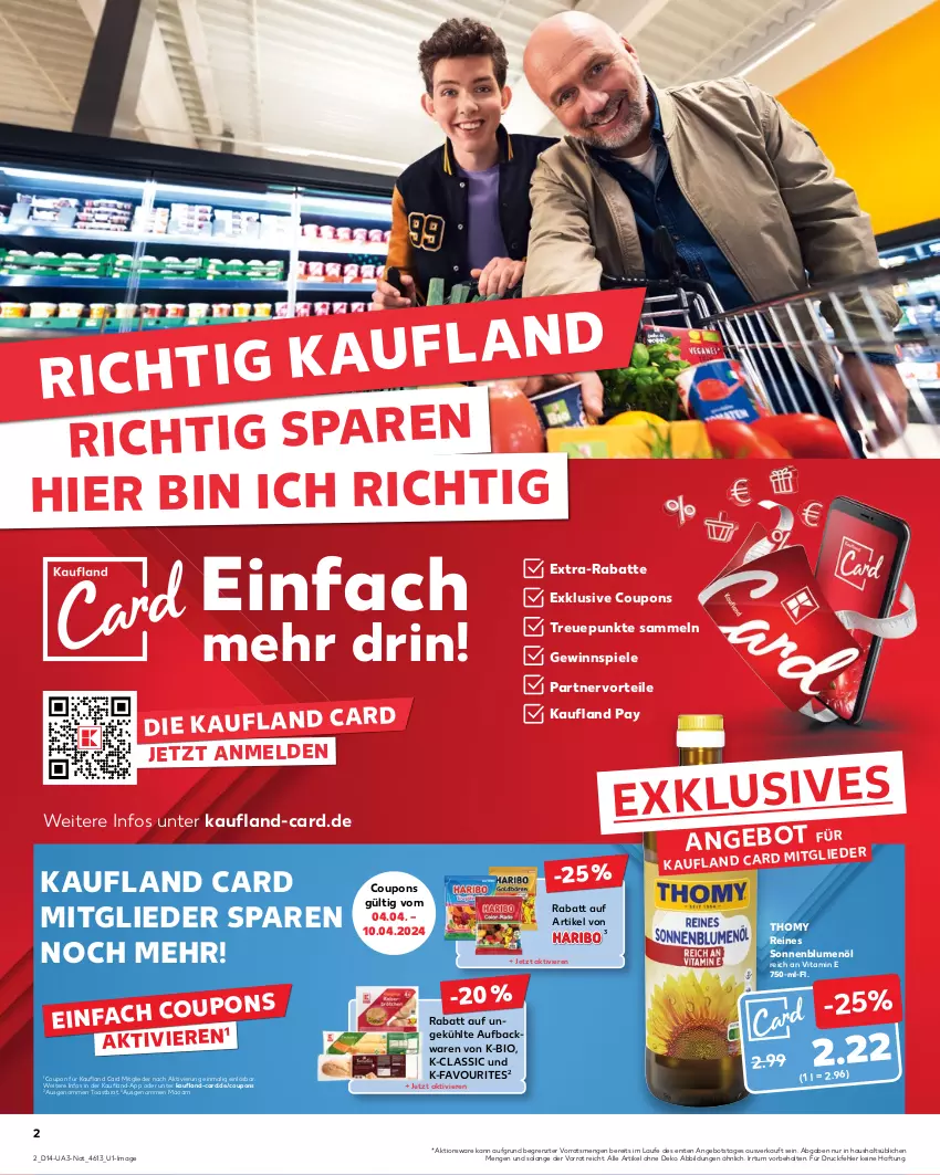 Aktueller Prospekt Kaufland - Umschlag - von 04.04 bis 10.04.2024 - strona 2 - produkty: angebot, backwaren, bio, blume, blumen, blumenöl, brot, coupon, coupons, die kaufland, extra-rabatt, gewinnspiel, maoam, sonnenblume, sonnenblumen, sonnenblumenöl, Spiele, thomy, Ti, toast, Toastbrot, vita, ZTE