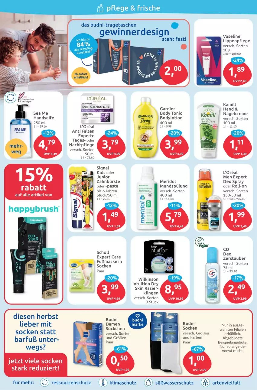 Aktueller Prospekt Budni - Prospekte - von 02.10 bis 07.10.2023 - strona 2 - produkty: angebot, angebote, body, bodylotion, bürste, Calcium, creme, deo, deo spray, eis, Elan, erde, garnier, Handseife, Kamill, l'oreal, Lippenpflege, loreal, Lotion, Maske, meridol, mundspülung, pasta, roll-on, scholl, Seife, Signal, söckchen, socken, spülung, Tasche, taschen, Ti, tonic, tragetasche, Vase, wasser, wilkinson, zahnbürste