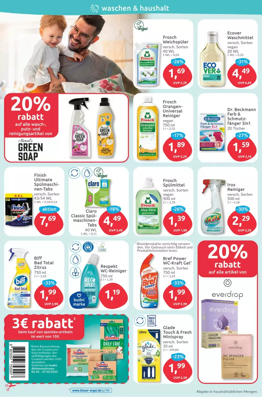 Aktueller Prospekt Budni - Prospekte - von 02.10 bis 07.10.2023 - strona 4 - produkty: aloe vera, auer, Bad, Bau, biff, bio, biozidprodukte, Blüte, Bref, bref power, coupon, coupons, Dr. Beckmann, Engel, erde, Finish, Frosch, Glade, kraft, Lotion, orange, orangen, Rauch, reiniger, Reinigung, rwe, schwamm, Schwammtuch, spontex, spülmittel, Ti, tuc, tücher, waschmittel, wc-reiniger, weichspüler