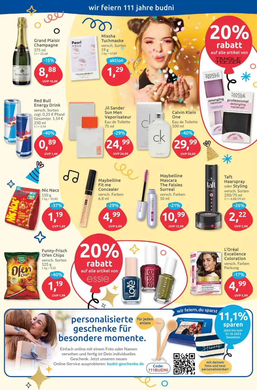 Aktueller Prospekt Budni - Prospekte - von 02.10 bis 07.10.2023 - strona 7 - produkty: bier, Biere, champagne, chips, drink, eau de toilette, eier, elle, energy drink, ente, funny-frisch, haarspray, Mascara, Maske, Maybelline, Ofen, Persona, red bull, Taft, Ti, tuc, tuchmaske, usb