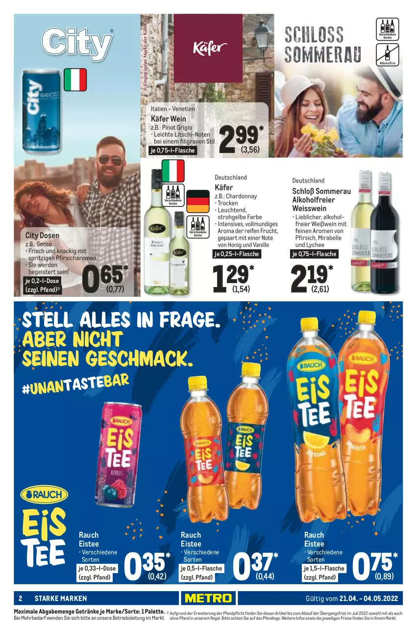 Aktueller Prospekt Metro - Starke Marken - von 21.04 bis 04.05.2022 - strona 2 - produkty: alkohol, chardonnay, ecco, eier, eis, eistee, elle, erde, flasche, frucht, getränk, getränke, honig, käfer, Leuchte, leuchten, Palette, pfirsich, Pinot, pinot grigio, Rauch, regal, reifen, reis, rwe, tee, Ti, vanille, wein, Weißwein