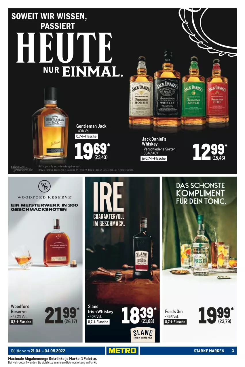 Aktueller Prospekt Metro - Starke Marken - von 21.04 bis 04.05.2022 - strona 3 - produkty: flasche, getränk, getränke, gin, irish whiskey, jack daniel, Jack Daniel’s, Palette, Ti, whiskey