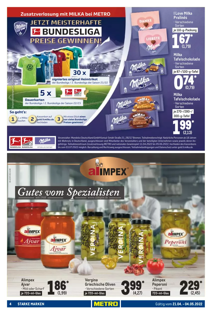 Aktueller Prospekt Metro - Starke Marken - von 21.04 bis 04.05.2022 - strona 4 - produkty: Ajvar, gin, milka, olive, oliven, peperoni, Peroni, schoko, schokolade, tafelschokolade, Ti