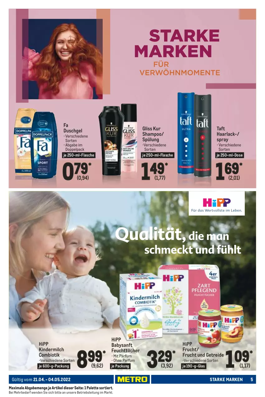 Aktueller Prospekt Metro - Starke Marken - von 21.04 bis 04.05.2022 - strona 5 - produkty: arla, bio, duschgel, fa duschgel, feuchttücher, flasche, frucht, gliss, gliss kur, Haarlack, hipp, Kinder, kindermilch, lack, milch, Palette, parfum, shampoo, spülung, Taft, Ti, tücher