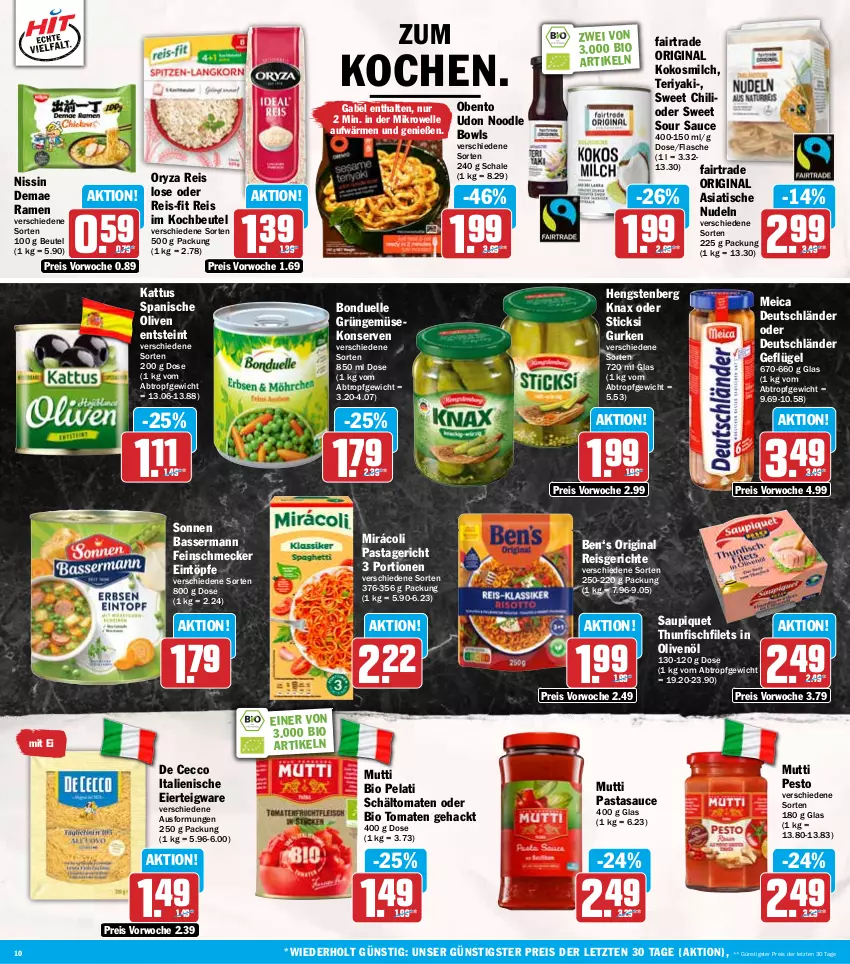 Aktueller Prospekt Hit - Wochenprospekt - von 01.09 bis 06.09.2025 - strona 10 - produkty: beutel, bio, bonduelle, chili, De Cecco, ecco, eier, eintöpfe, eis, elle, feinschmecker, filet, filets, fisch, flasche, gabel, Geflügel, Gemüsekonserve, gin, gurke, gurken, hengstenberg, in olivenöl, kochbeutel, kokos, kokosmilch, Konserven, meica, mikrowelle, milch, Mirácoli, Mutti, Nissin, nudel, nudeln, olive, oliven, olivenöl, oryza, pasta, Pastagericht, pesto, reis, reis-fit, sauce, saupiquet, Schal, Schale, thunfisch, Ti, tisch, tomate, tomaten, ZTE