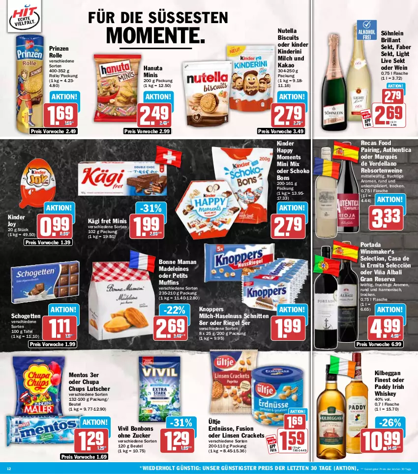 Aktueller Prospekt Hit - Wochenprospekt - von 01.09 bis 06.09.2025 - strona 12 - produkty: beutel, bonbons, bonne maman, brillant sekt, chupa, chupa chups, dell, eis, ente, erde, erdnüsse, flasche, frucht, hanuta, haselnuss, irish whiskey, Kägi, kakao, kilbeggan, Kinder, knoppers, leine, linsen, Lutscher, mam, mentos, milch, Muffin, muffins, nuss, nutella, prinzen rolle, rebsortenweine, reis, riegel, ring, schnitten, schogetten, schoko, sekt, söhnlein, söhnlein brillant, Ti, ültje, ültje erdnüsse, wein, weine, whiskey, ZTE, zucker
