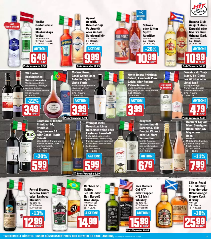 Aktueller Prospekt Hit - Wochenprospekt - von 01.09 bis 06.09.2025 - strona 13 - produkty: amaro, Amber, aperitif, aperol, Cachaca, casal garcia, chia, chianti, cin, eis, erde, Fernet, fernet branca, flasche, frucht, früchte, früchten, gin, Gorbatschow, Havana Club, irish whiskey, jack daniel, jack daniels, Laufen, likör, mateus, Molinari, moskovskaya, Pinot, pinot grigio, primitivo, rebsortenweine, regal, reis, rotkäppchen, rum, saft, sambuca, sanddorn, sauvignon, sauvignon blanc, tequila, Ti, vinho verde, vodka, wein, weine, whiskey, whisky, wodka, ZTE