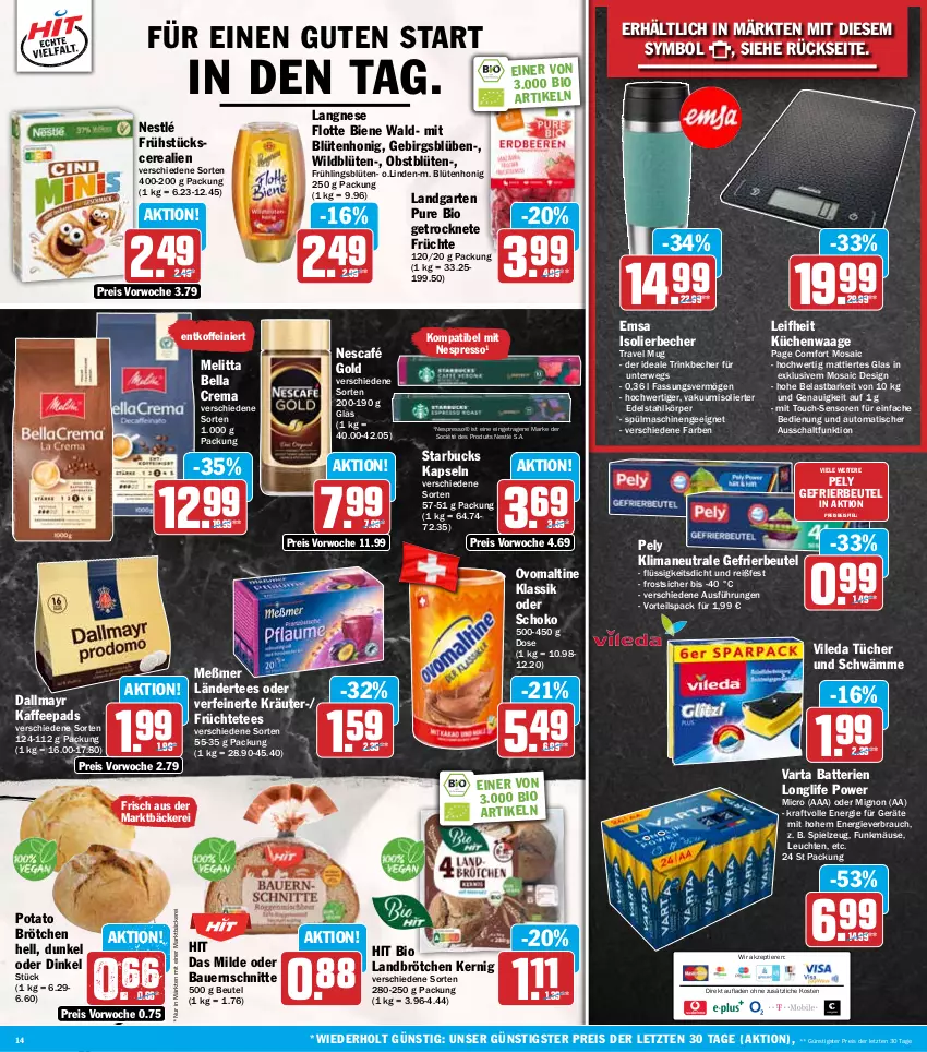 Aktueller Prospekt Hit - Wochenprospekt - von 01.09 bis 06.09.2025 - strona 14 - produkty: auer, auto, batterie, batterien, Bau, Bauer, Becher, bella crema, beutel, bio, Blüte, blütenhonig, brötchen, cerealien, dallmayr, edelstahl, eis, emsa, espresso, früchte, Früchtetee, Garten, gefrierbeutel, honig, isolierbecher, kaffee, kaffeepads, kraft, kräuter, küche, Küchen, Küchenwaage, Ländertee, langnese, leifheit, Leuchte, leuchten, longlife, melitta, Meßmer, Nescafé, nescafé gold, nespresso, nestlé, obst, ovomaltine, pely, Rauch, reis, rwe, Schal, schoko, spielzeug, spülmaschinen, starbucks, tee, Ti, Tiere, tisch, travel mug, trinkbecher, tücher, varta, vileda, Waage, Wild, ZTE