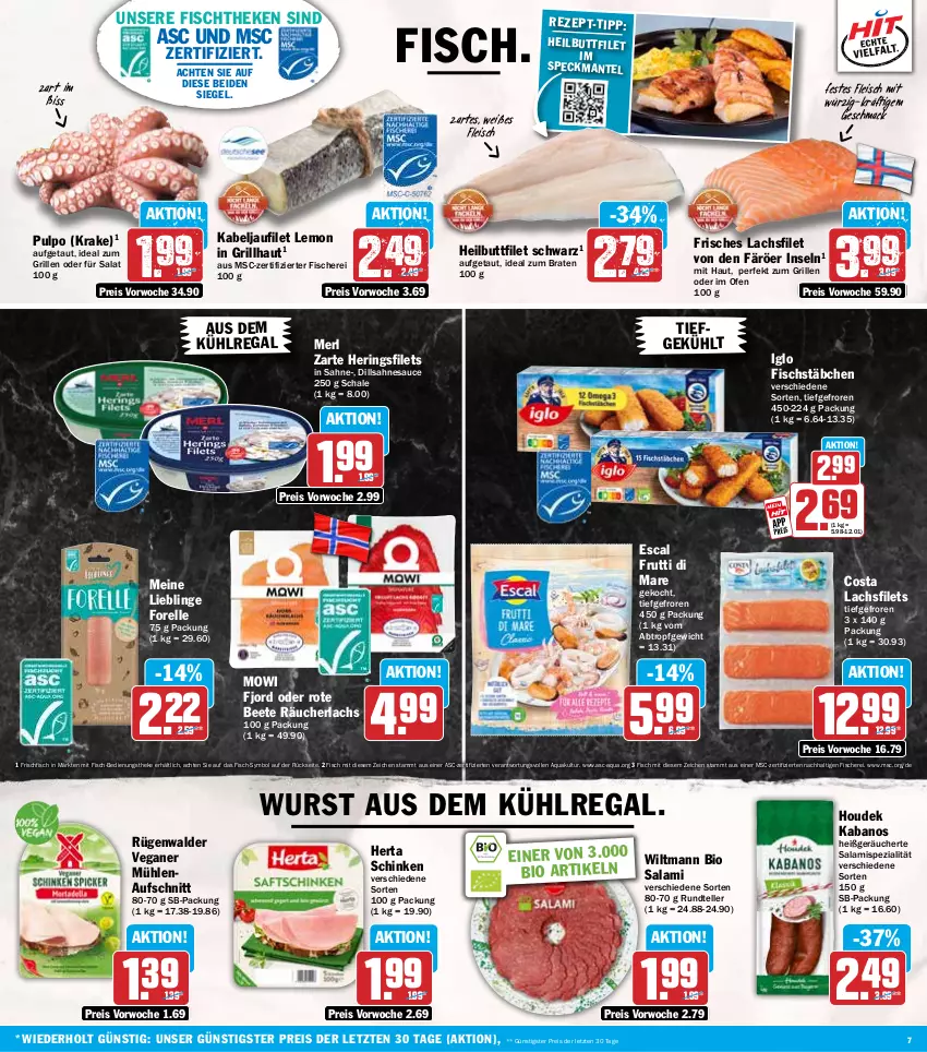 Aktueller Prospekt Hit - Wochenprospekt - von 01.09 bis 06.09.2025 - strona 7 - produkty: aqua, aufschnitt, aus dem kühlregal, bio, braten, eis, elle, escal, filet, filets, fisch, fische, Fischer, fischstäbchen, fischtheke, fleisch, forelle, frischfisch, frutti di mare, grill, Heilbuttfilet, hering, Herings, heringsfilets, herta, houdek, ideal zum braten, ideal zum grillen, iglo, kabanos, kabeljaufilet, kühlregal, lachs, lachsfilet, lachsfilets, mac, Mantel, merl, Ofen, Räucherlachs, regal, reis, rel, ring, rügenwalder, sahne, salami, salat, sauce, Schal, Schale, Schere, schinken, Speck, Spezi, teller, Ti, wiltmann, wurst, ZTE