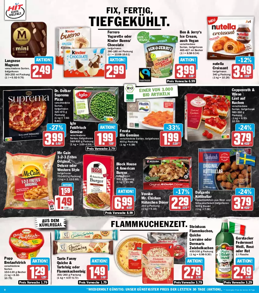 Aktueller Prospekt Hit - Wochenprospekt - von 01.09 bis 06.09.2025 - strona 8 - produkty: aufstrich, aus dem kühlregal, Becher, beutel, bio, bio gemüse, brot, brotaufstrich, burger, cola, coppenrath, Croissant, Dr. Oetker, eis, ente, ferrero, flammkuchen, Flammkuchenteig, flasche, fleisch, Fleischbällchen, frosta, gin, iglo, Kinder, kinder bueno, Köttbullar, kuchen, kühlregal, lamm, langnese, Lust auf Kuchen, magnum, mc cain, nutella, pizza, Popp, Quiche, regal, reis, rind, schwein, schweine, schweinefleisch, steinhaus, tante fanny, Ti, vossko, wein, weine, Weste, Yo, yogurette, ZTE, zwiebel