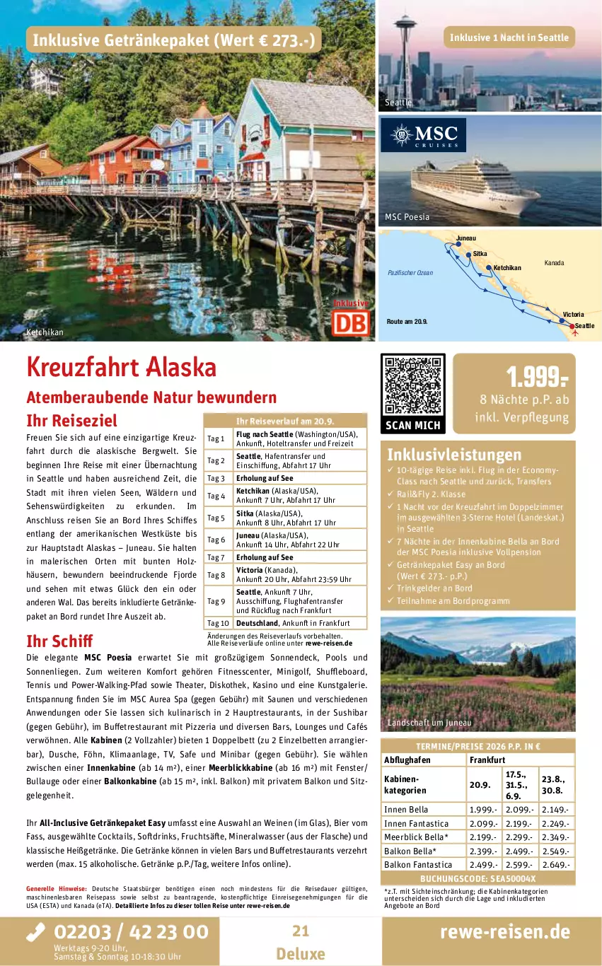 Aktueller Prospekt Rewe Reisen - Reiseprospekt - von 28.08 bis 26.09.2025 - strona 21 - produkty: alkohol, Alwa, angebot, angebote, asti, auer, balkonkabine, bett, Betten, bier, buch, cocktail, cocktails, drink, drinks, dusche, eis, elle, ente, erde, fanta, fenster, fisch, fische, Fischer, flasche, frucht, fruchtsäfte, getränk, getränke, gin, Holz, inklusivleistungen, Liege, meerblickkabine, mineralwasser, natur, pool, reis, reiseverlauf, rel, Ria, säfte, sonnenliege, Sushi, Thea, Ti, uhr, wasser, wein, weine