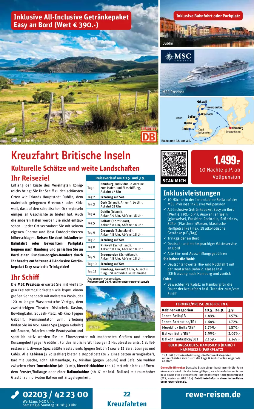 Aktueller Prospekt Rewe Reisen - Reiseprospekt - von 28.08 bis 26.09.2025 - strona 22 - produkty: alkohol, alkoholische getränke, angebot, angebote, asti, auer, Bad, balkonkabine, bett, Betten, bier, Brei, brita, buch, cocktail, cocktails, decke, drink, drinks, dusche, eis, Elektro, elle, ente, erde, fanta, fenster, flasche, getränk, getränke, Glastür, gordon, inklusivleistungen, kreuzfahrten, meerblickkabine, Mode, pool, reis, reiseverlauf, rel, ring, säfte, schott, sim, Spezi, Sport, Thea, Ti, tisch, uhr, wasser, wasserrutsche, wein