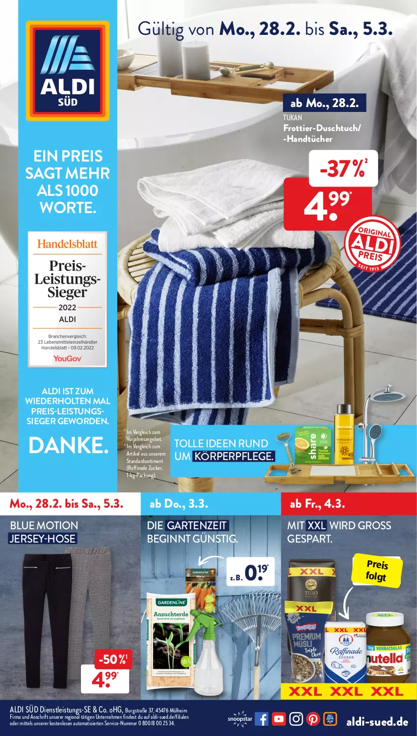 Aktueller Prospekt AldiSud - ALDI Aktuell - von 28.02 bis 05.03.2022 - strona 1 - produkty: aldi, angebot, auto, duschtuch, eis, Garten, gin, handtücher, hose, körperpflege, LG, Raffinade Zucker, reis, resa, Ti, tuc, tücher, zucker