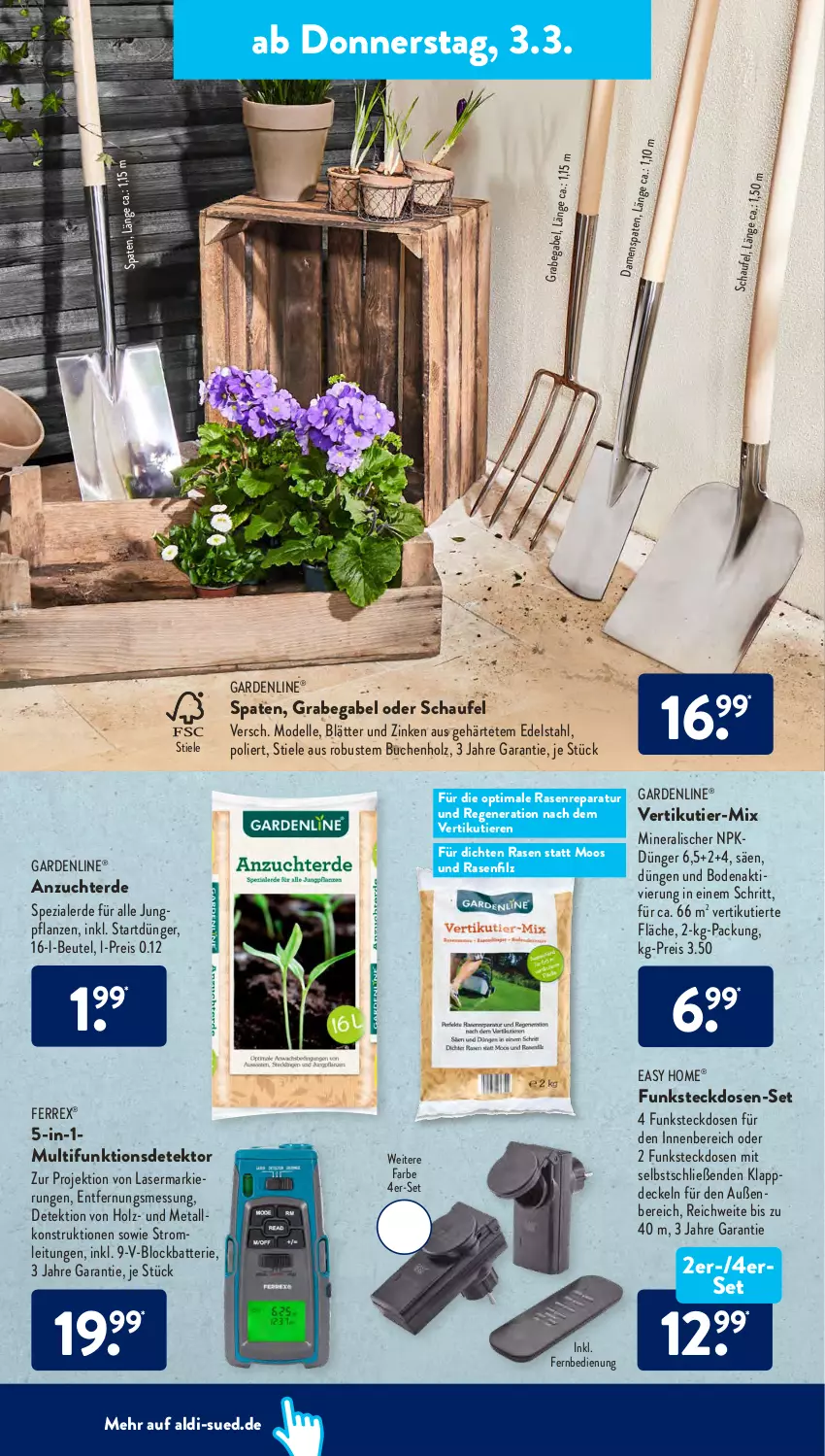 Aktueller Prospekt AldiSud - ALDI Aktuell - von 28.02 bis 05.03.2022 - strona 18 - produkty: aldi, batterie, beutel, buch, decke, Deckel, dell, dünger, edelstahl, eis, elle, erde, fernbedienung, ferrex, gabel, gardenline®, Holz, Mode, pflanze, pflanzen, rasen, reis, senf, Spaten, Spezi, steckdose, Ti, Tiere