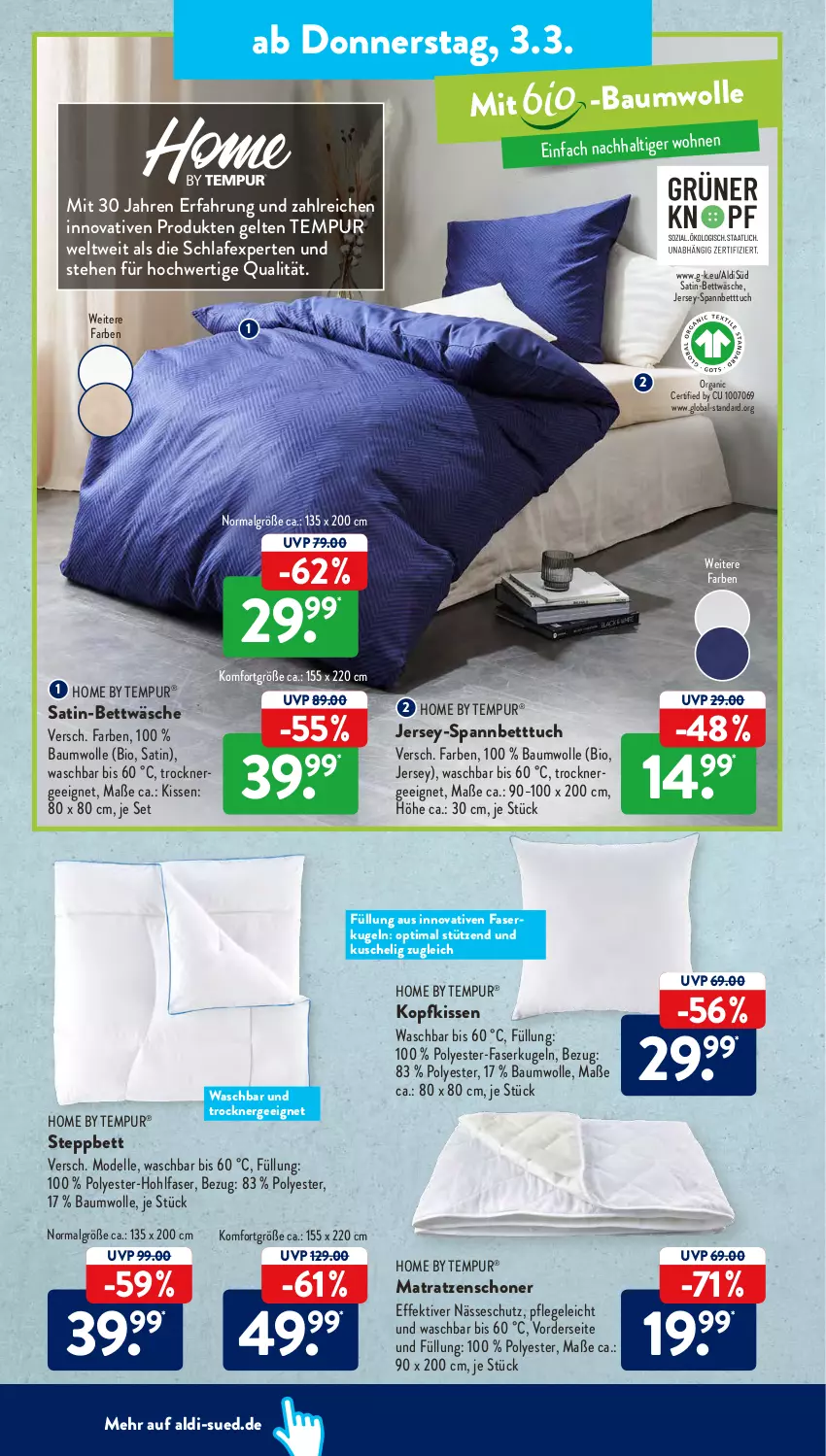 Aktueller Prospekt AldiSud - ALDI Aktuell - von 28.02 bis 05.03.2022 - strona 20 - produkty: aldi, Bau, baumwolle, bett, Betttuch, bettwäsche, bio, dell, elle, Ergee, jersey-spannbetttuch, kissen, kopfkissen, Kugel, LG, matratze, matratzen, Mode, satin-bettwäsche, spannbetttuch, steppbett, Ti, Trockner, tuc, wolle