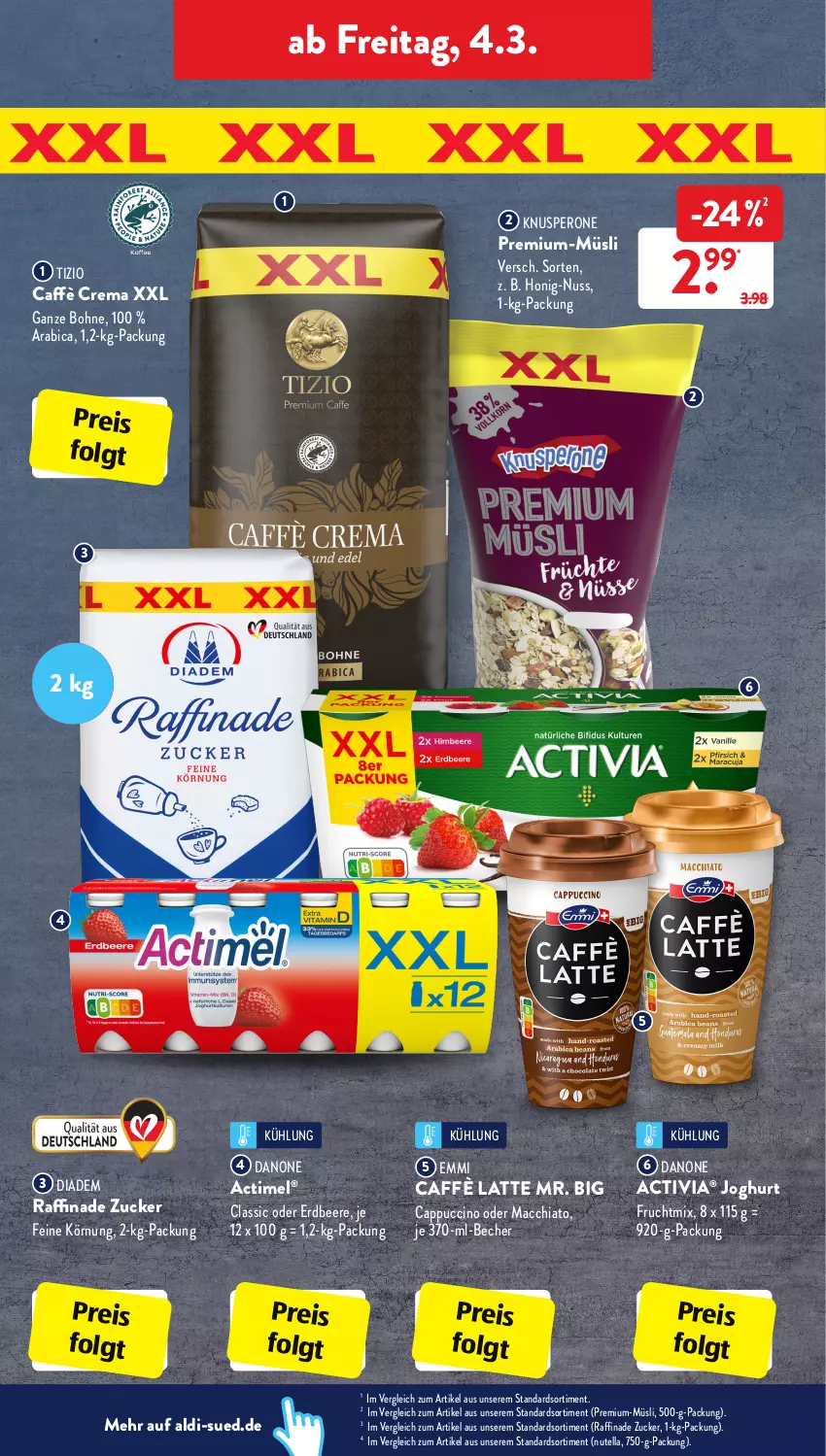 Aktueller Prospekt AldiSud - ALDI Aktuell - von 28.02 bis 05.03.2022 - strona 26 - produkty: ACC, actimel, activia, aldi, Becher, beere, bohne, caffè crema, caffè latte, Cap, cappuccino, chia, cin, danone, danone activia, diadem, eis, emmi, erdbeere, frucht, honig, joghur, joghurt, latte, LG, mac, macchiato, müsli, nuss, nutella, Raffinade Zucker, reis, Ti, zucker