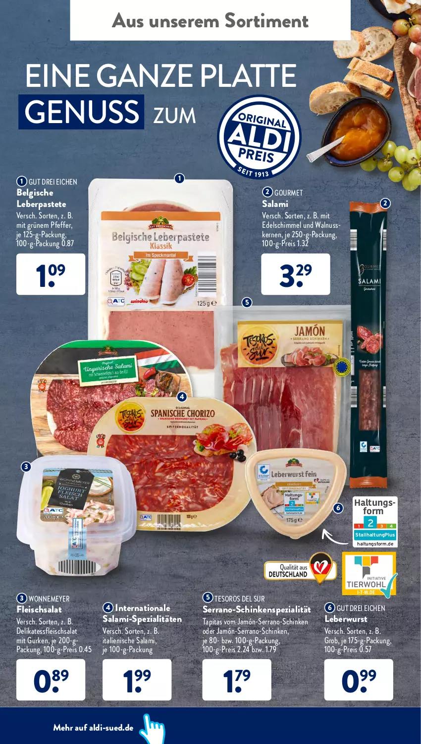 Aktueller Prospekt AldiSud - ALDI Aktuell - von 28.02 bis 05.03.2022 - strona 34 - produkty: aldi, auer, eis, fleisch, fleischsalat, gurke, gurken, je 250-g-packung, latte, leberwurst, LG, nuss, pastete, pfeffer, reis, salami, salat, schinken, serrano, Spezi, Ti, walnuss, walnusskerne, wurst