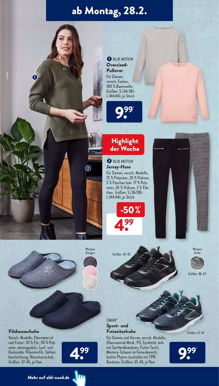 Aktueller Prospekt AldiSud - ALDI Aktuell - von 28.02 bis 05.03.2022 - strona 8 - produkty: aldi, Bau, baumwolle, decksohle, dell, elle, Freizeitschuhe, Hausschuhe, hose, Hylo, Mode, natur, Pullover, Ria, schuhe, Sport, Ti, wolle