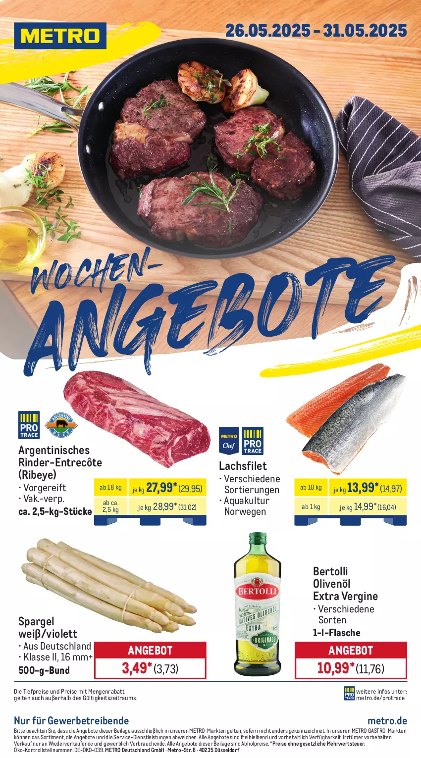 Aktueller Prospekt Metro - Wochen-Angebote - von 26.05 bis 31.05.2025 - strona 1 - produkty: abholpreise, angebot, angebote, aqua, bertolli, eis, entrecôte, filet, flasche, gin, ilag, lachs, lachsfilet, Metro, metro gastro, olive, oliven, olivenöl, olivenöl extra, Rauch, reis, rind, rinder, rwe, spargel, Ti, tiefpreis