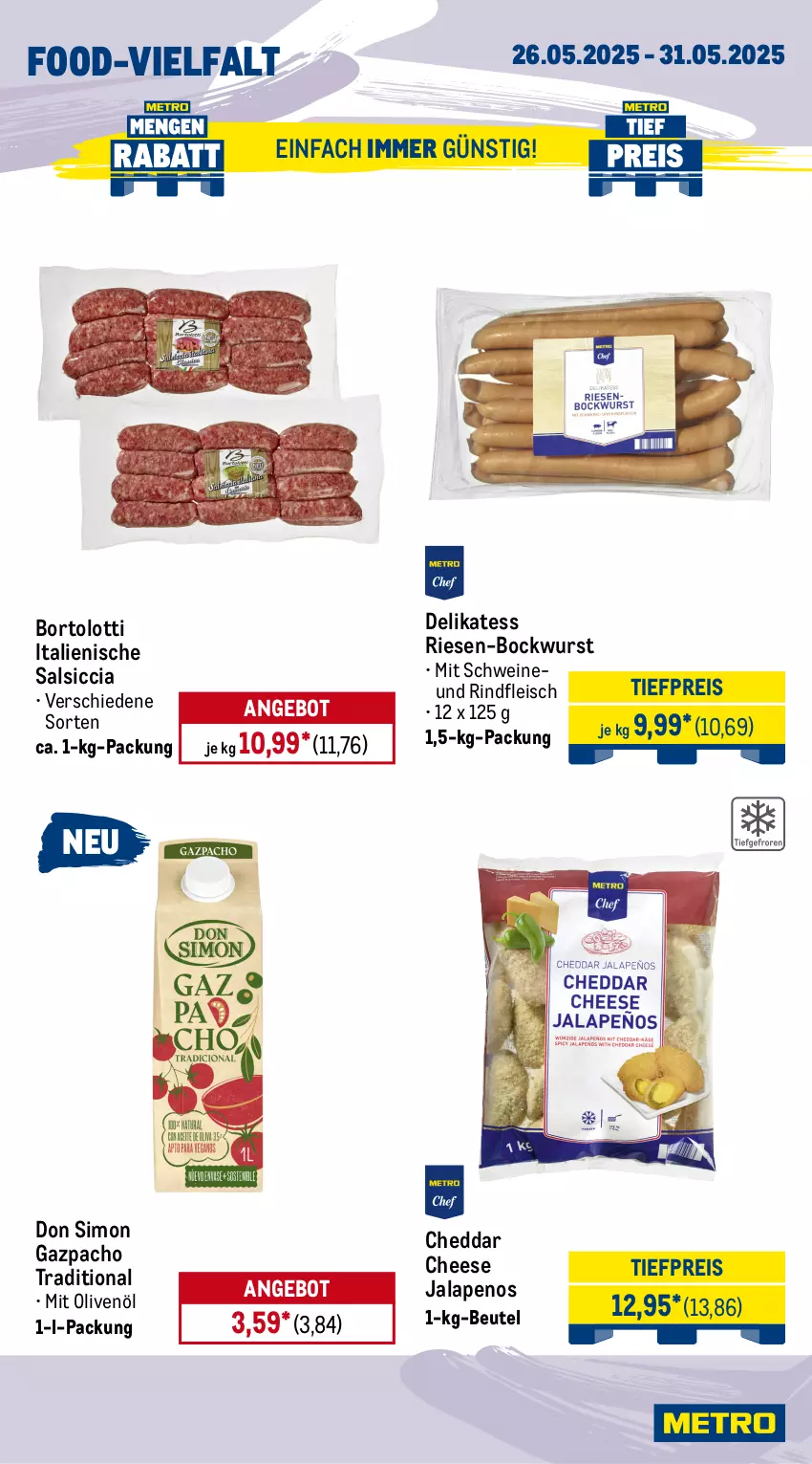 Aktueller Prospekt Metro - Wochen-Angebote - von 26.05 bis 31.05.2025 - strona 10 - produkty: angebot, barilla, bertolli, beutel, bockwurst, cheddar, chips, eis, flasche, fleisch, gin, lays, olive, oliven, olivenöl, olivenöl extra, oro di parma, pasta, Pasta Sauce, reis, rind, rindfleisch, salsiccia, sauce, saucen, schwein, schweine, sim, Ti, tiefpreis, tomate, tomaten, wein, weine, wurst