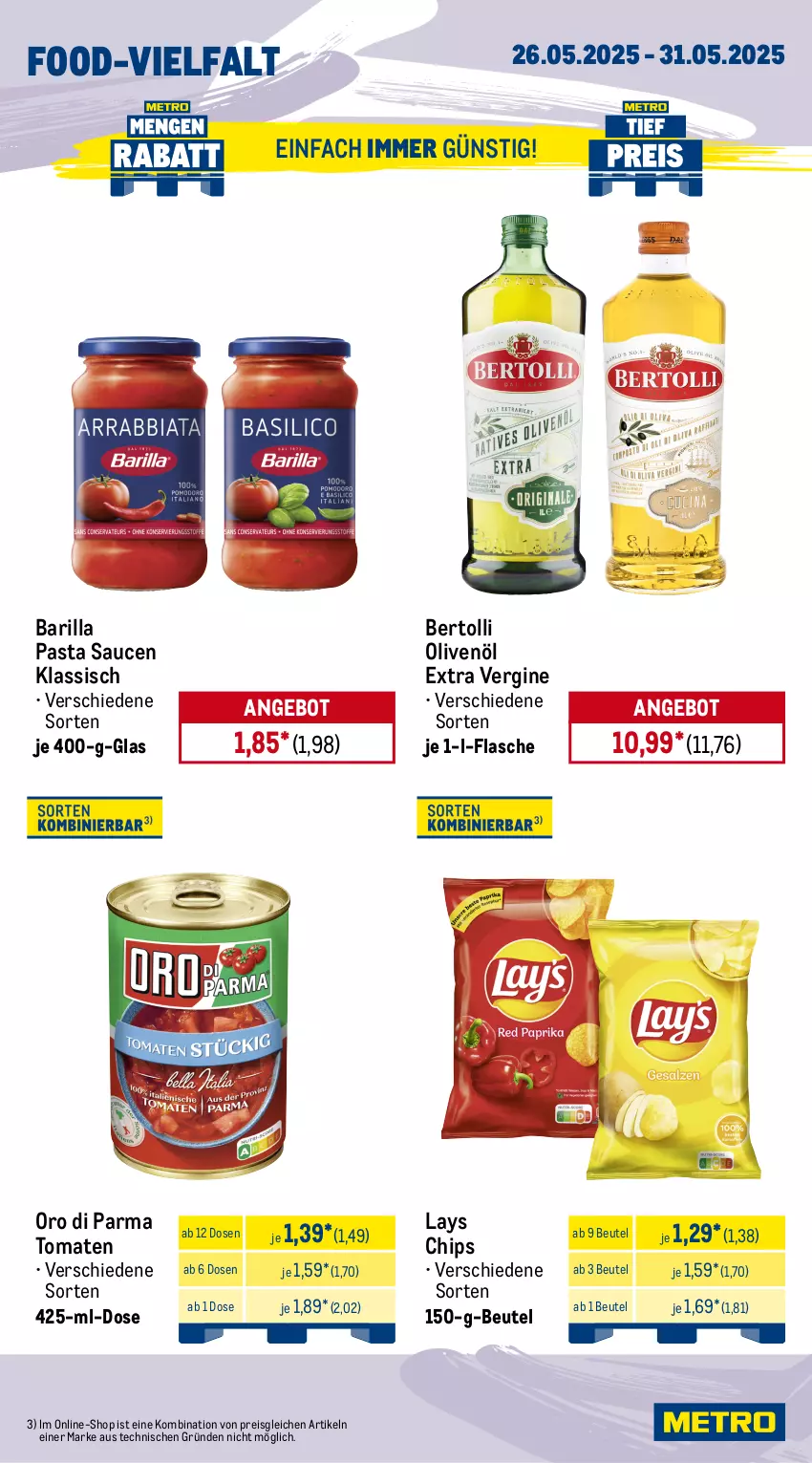 Aktueller Prospekt Metro - Wochen-Angebote - von 26.05 bis 31.05.2025 - strona 11 - produkty: angebot, barilla, bertolli, beutel, bockwurst, cheddar, chips, eis, flasche, fleisch, gin, lays, olive, oliven, olivenöl, olivenöl extra, oro di parma, pasta, Pasta Sauce, reis, rind, rindfleisch, salsiccia, sauce, saucen, schwein, schweine, sim, Ti, tiefpreis, tomate, tomaten, wein, weine, wurst