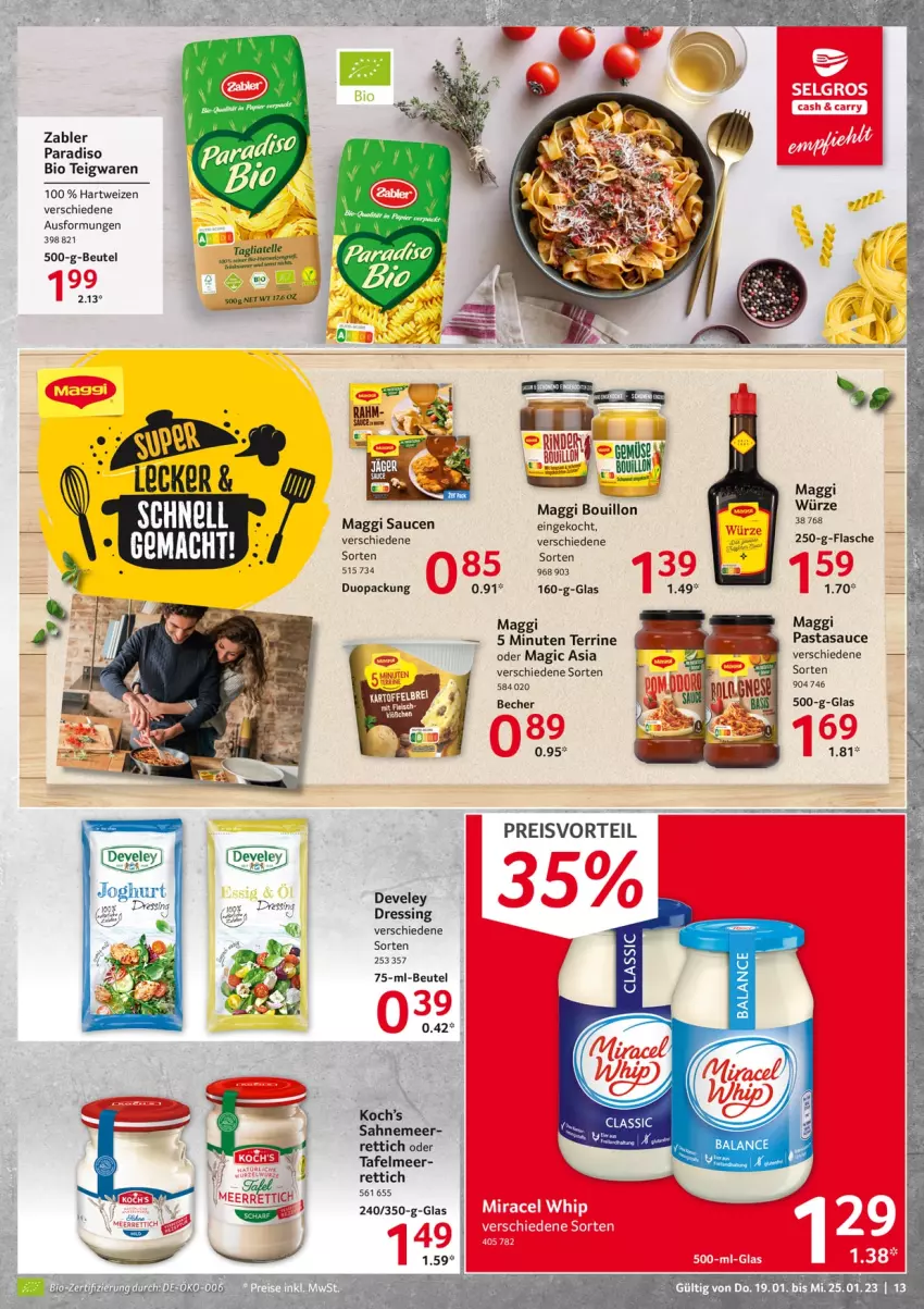 Aktueller Prospekt Selgros - Food - von 19.01 bis 25.01.2023 - strona 13 - produkty: Becher, beutel, bio, develey, dressing, eis, flasche, hartweizen, joghur, joghurt, LG, maggi, maggi würze, miracel, miracel whip, pasta, preisvorteil, reis, Rettich, rind, sahne, sauce, saucen, tee, teigwaren, terrine, Ti, Zabler